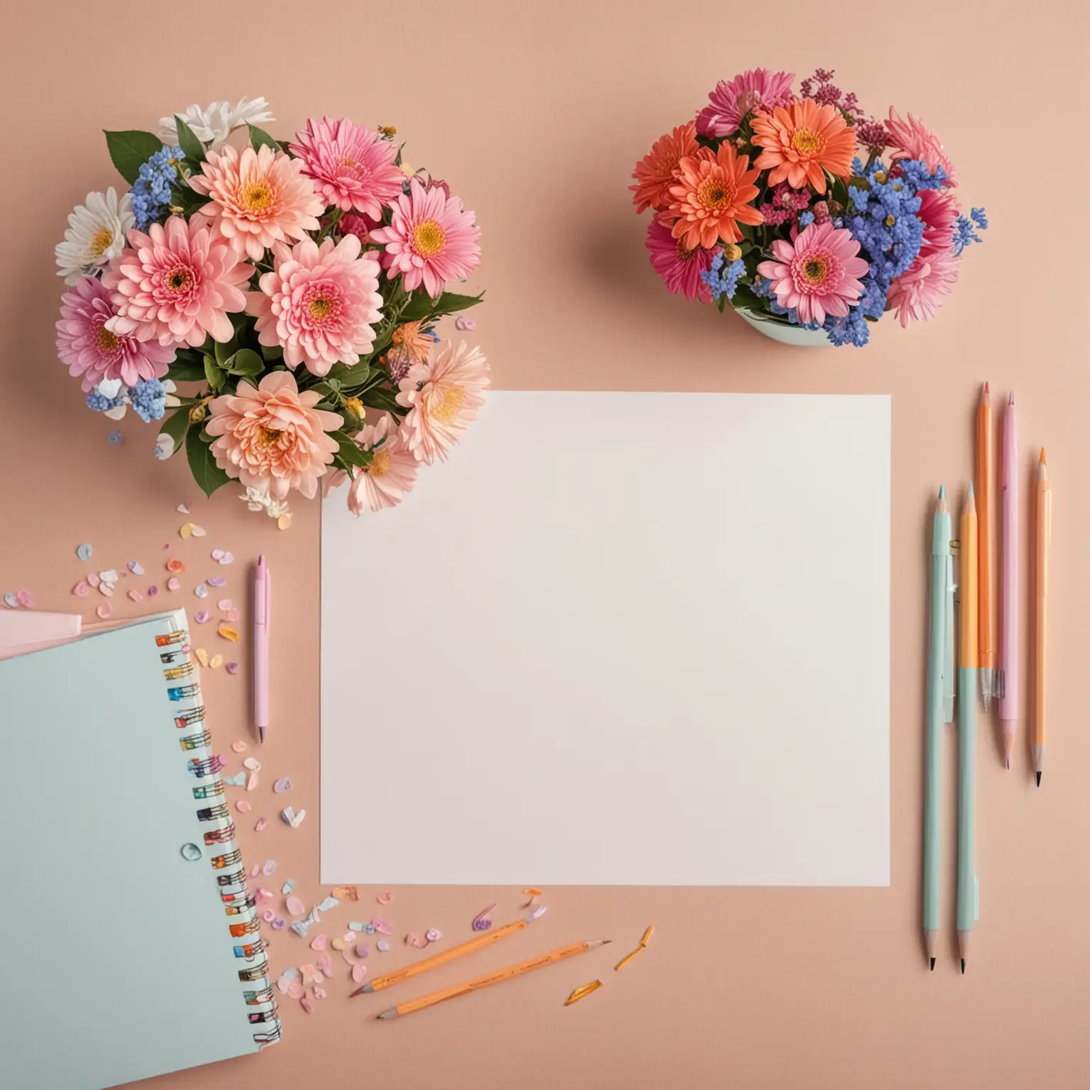 Horizontal peace of paper with ratio A1, lies on the table, view from top, with aesthetic flowers in vase next to it, pens and pencils, bright pastel colors, realistic  detailed photo