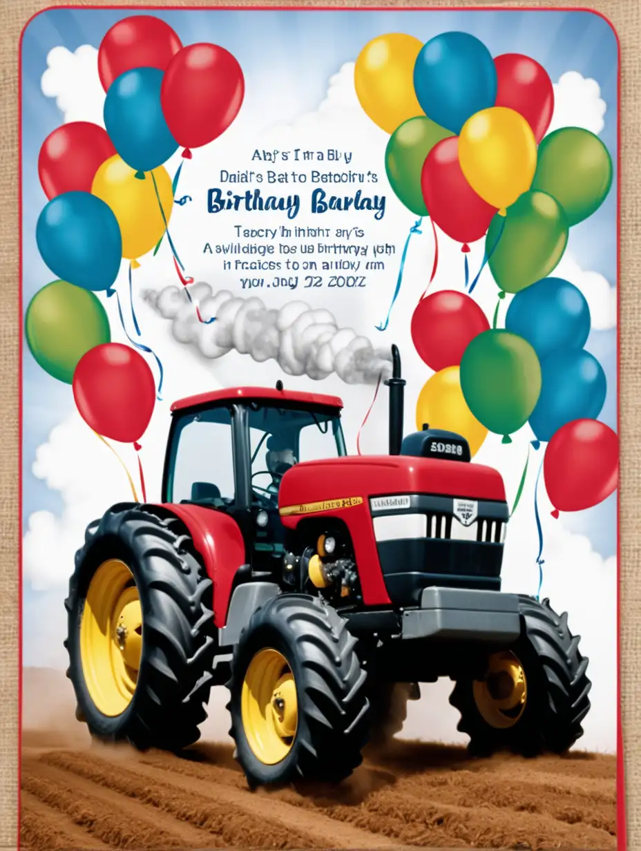 Tractor Themed Birthday Invitation with Balloons and Smoke Effects