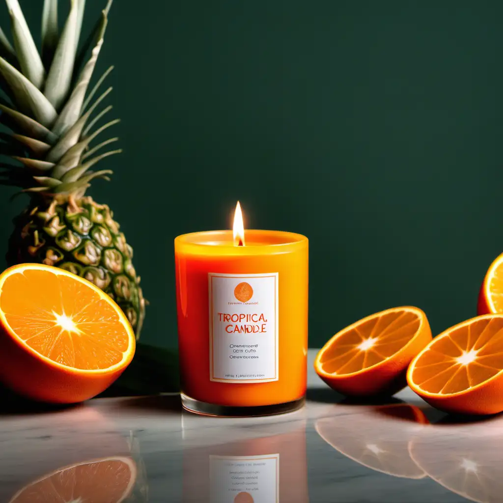 Photo of tropical candle, orange, commercial for candle company, brand shoot