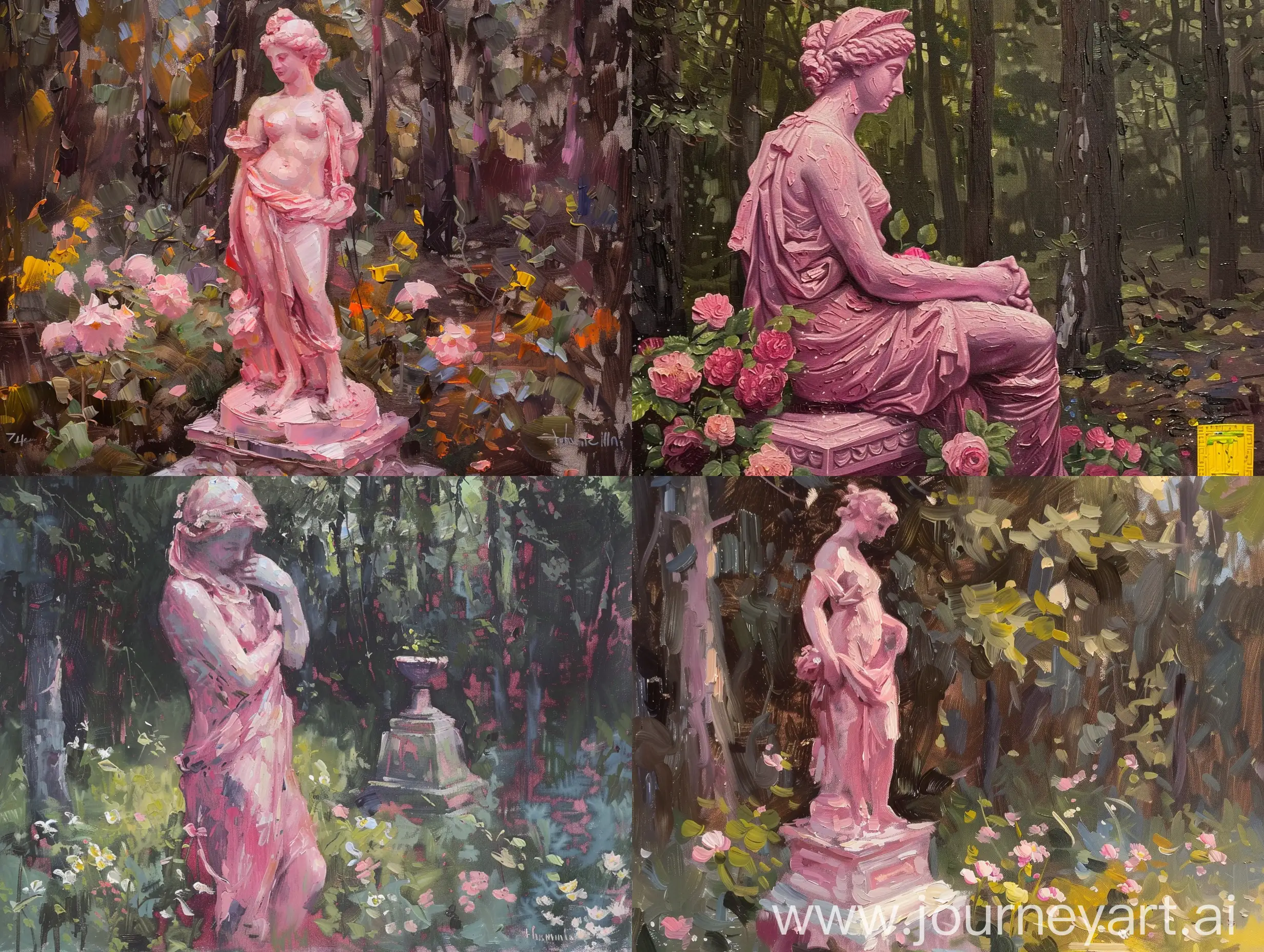 pink Themis statue in the woods, flowers, oil painting, tenderness, inspiration