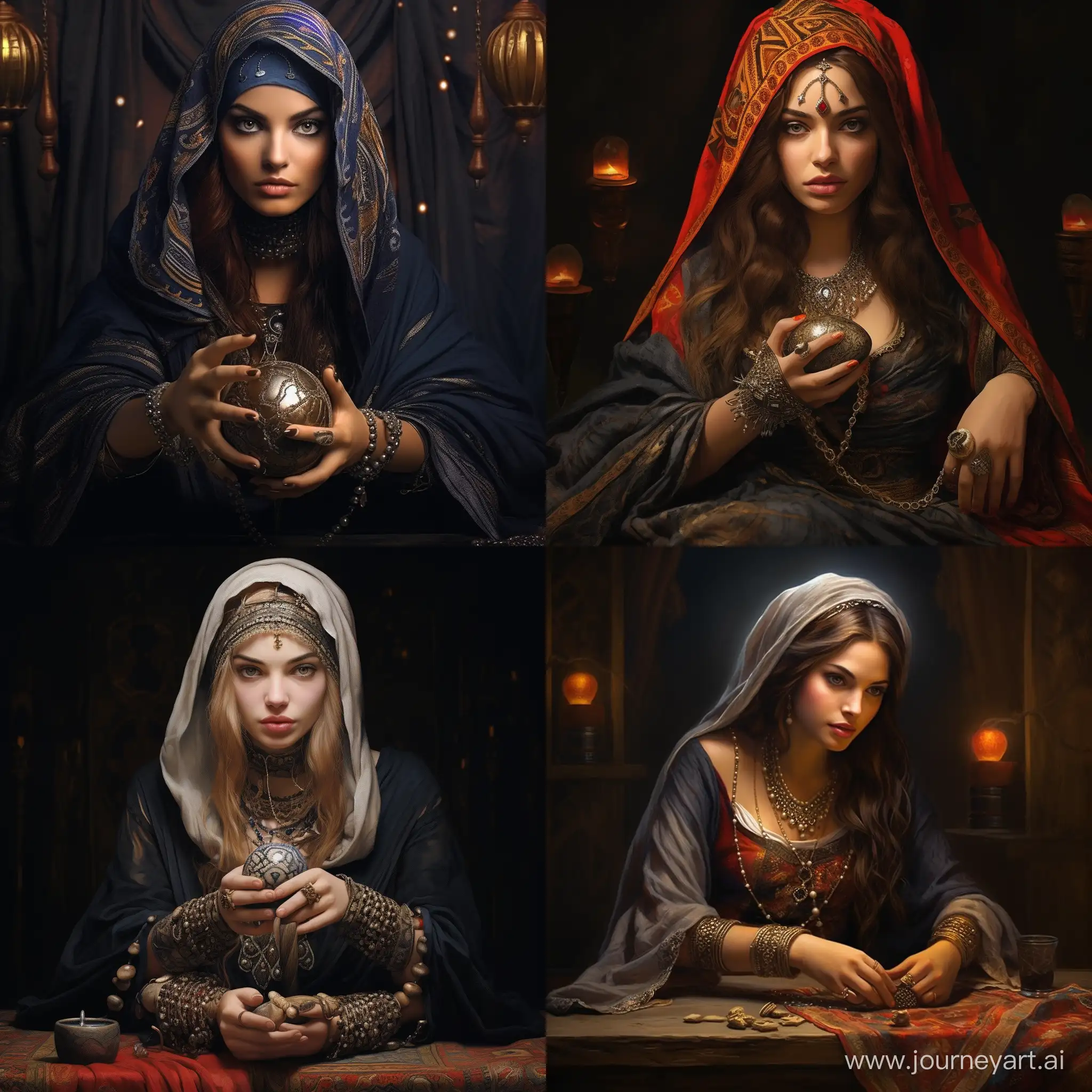 Mystical-Fortune-Teller-Revealing-Tarot-Card-in-Realistic-Art