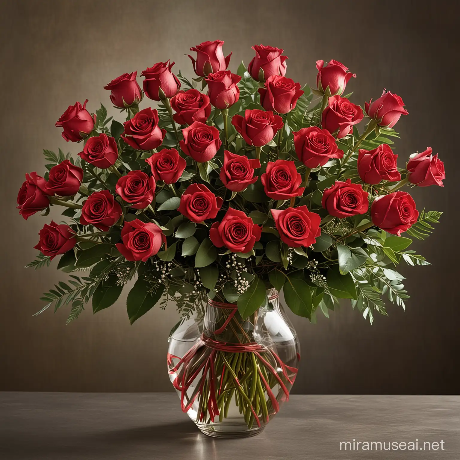 Create a vivid scene where a florist meticulously crafts a radiant bouquet of crimson roses, each bloom symbolizing a different facet of passion or emotion