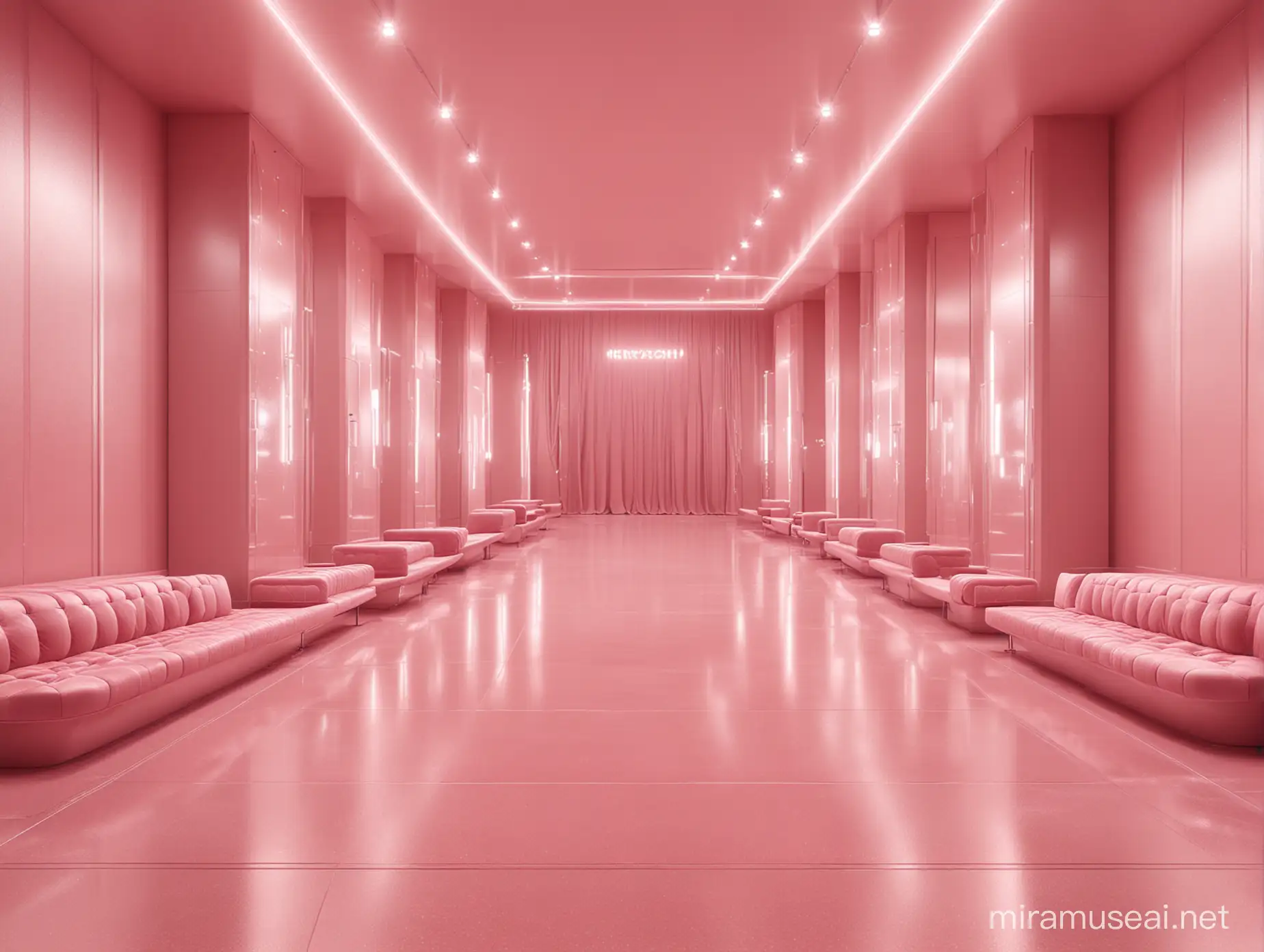 long luxury runway interior. elegant catwalk stage surrounded by seats. iridescent pink. smooth surface floors. diamond finish. backstage entrance is visible in the background. archviz. lights. 1-point perspective. frontal perspective.