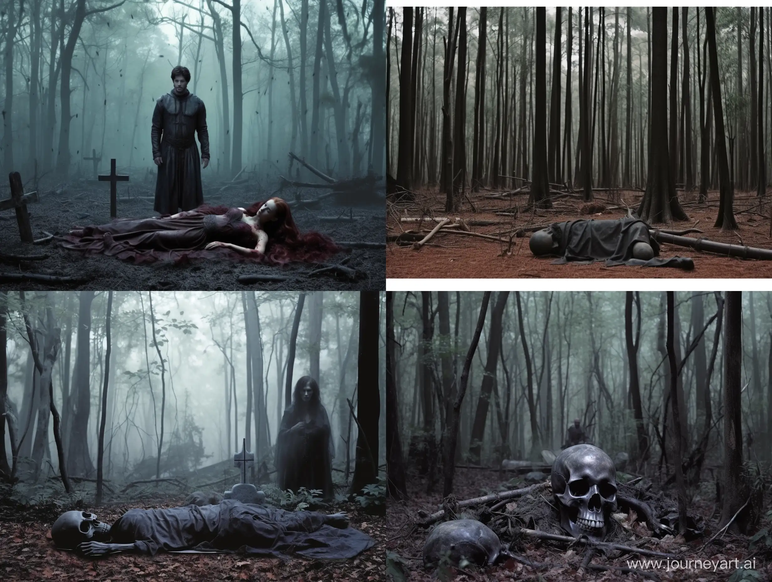 a dead man and a woman in torn tunics lies in the forest after explosion, full-length view, digital photo