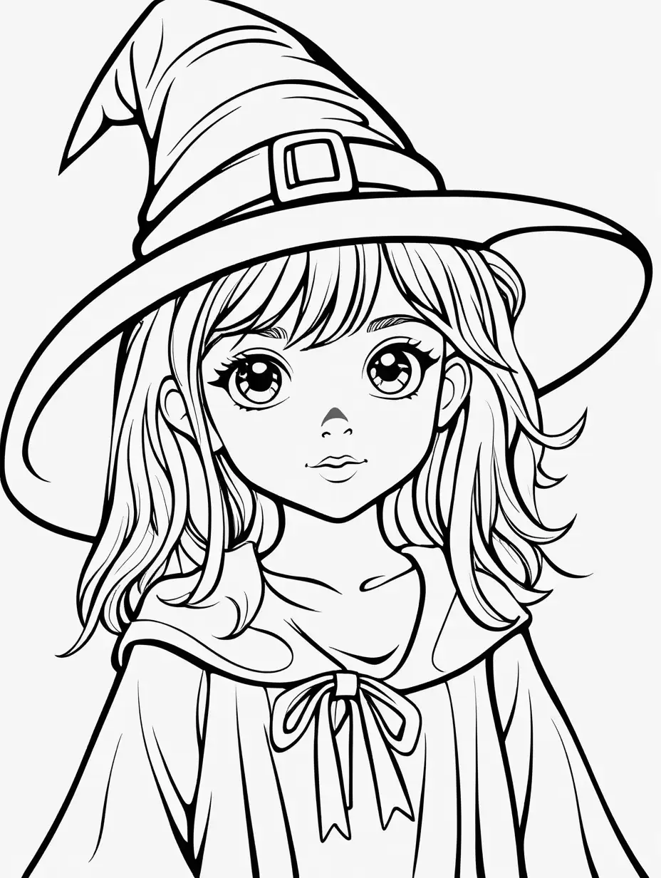 Coloring page for kids, cute female child, the child wears a witch hat, black lines white background 