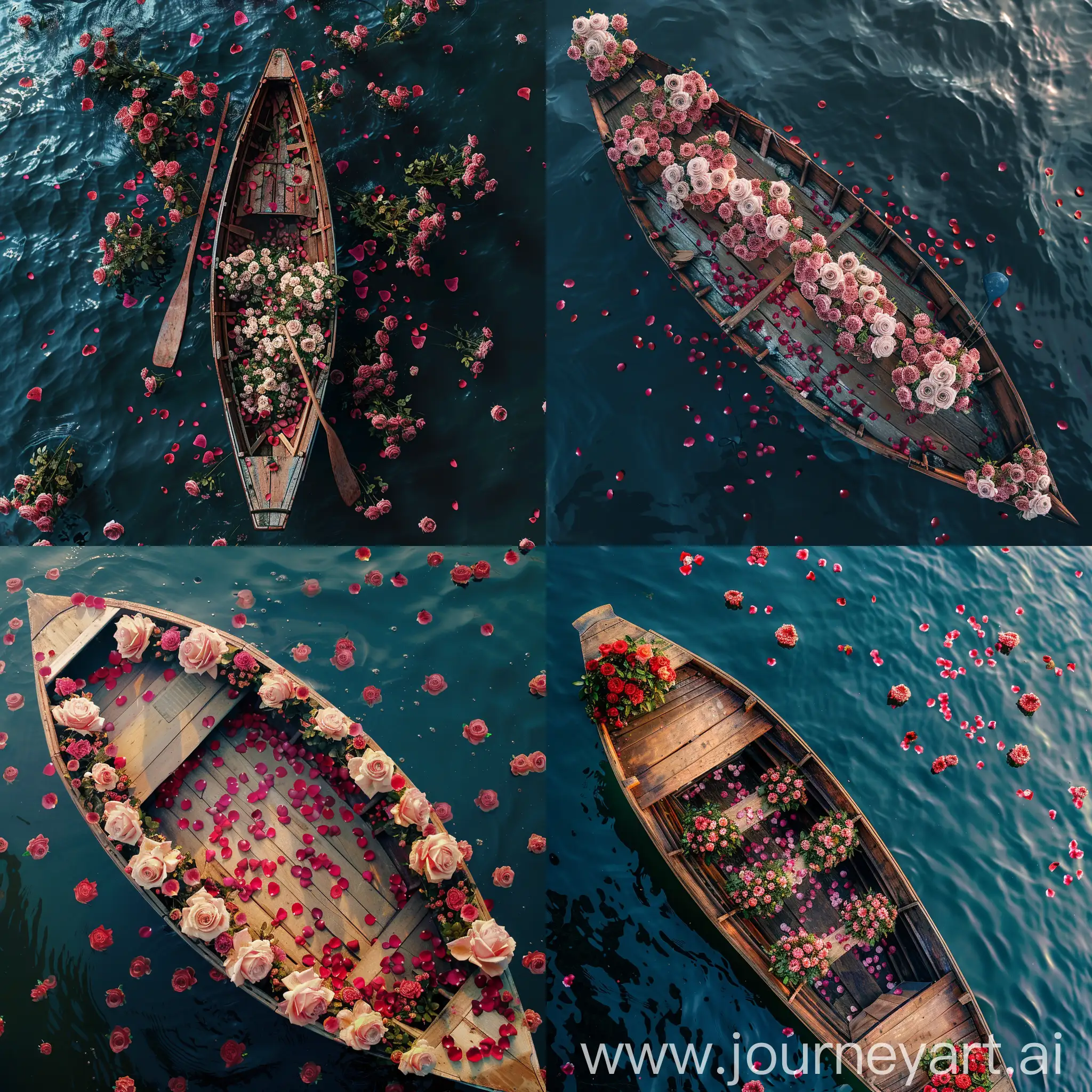 a top view of beautiful wooden boat with rose petals on it's floor and adorned with rose blooms. the boat floats on clean dark blue water covered with bunches of rose blossoms, full height, in the style of packed with hidden details, delicate flowers, sketch style, HD