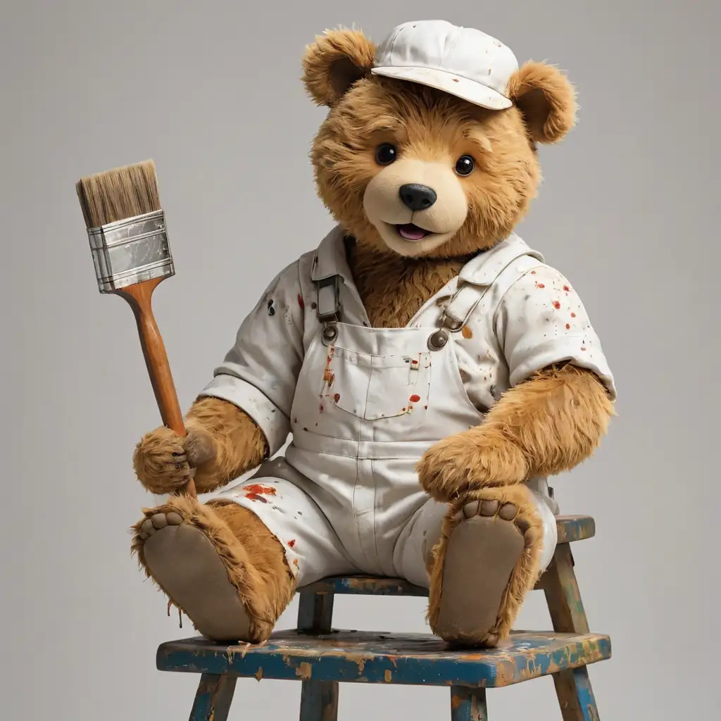 Battered old vintage Teddy Bear, sitting on a stool, dressed as a painter and decorator with white overalls splashe with paint and a brush in one paw, blank background