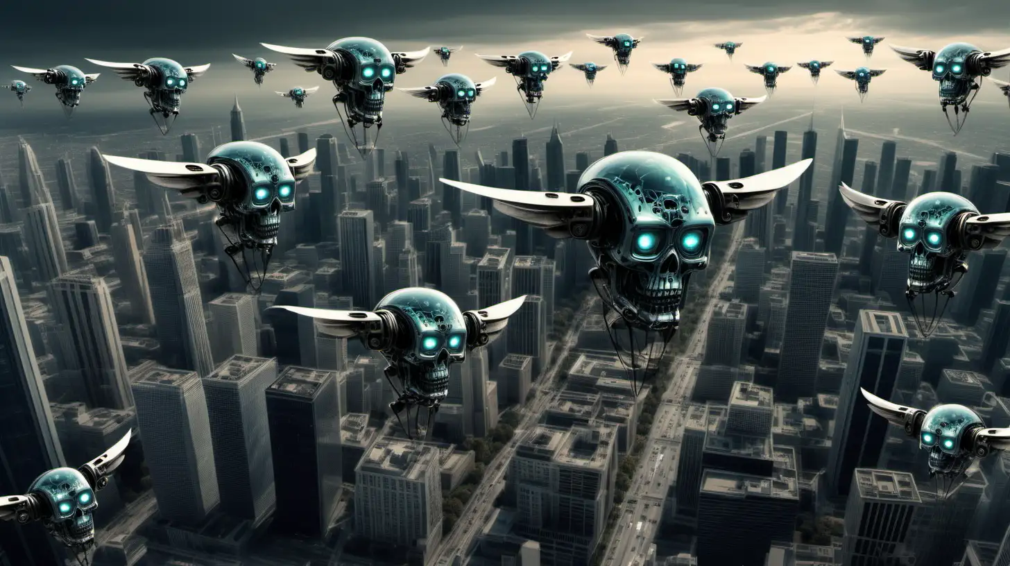 a fleet of Glass skulled human brained mini winged flying robot army flying over a city --s 10