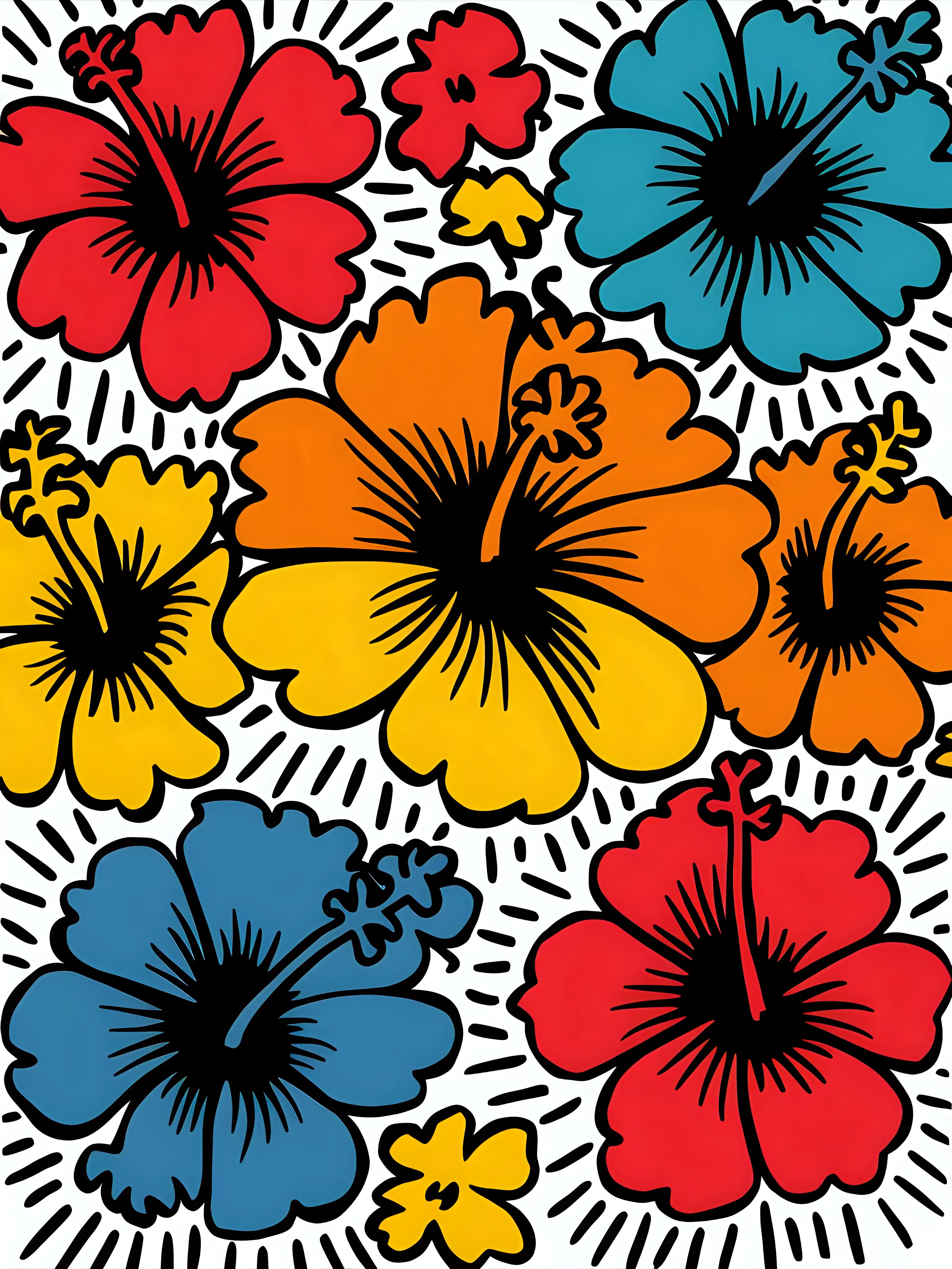 pop art style illustration, hibiscus flowers, simplified, keith haring