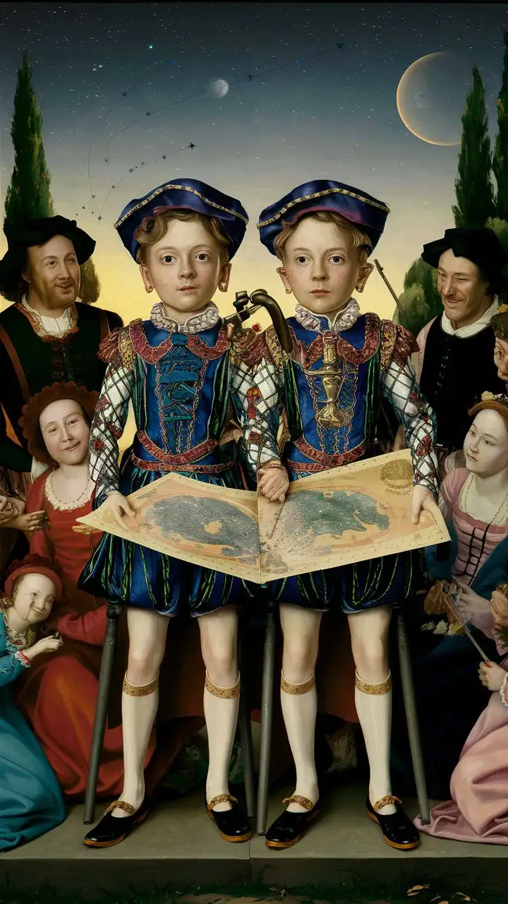 Renaissance Astrology Portrait Twins Celebrating with Their Families