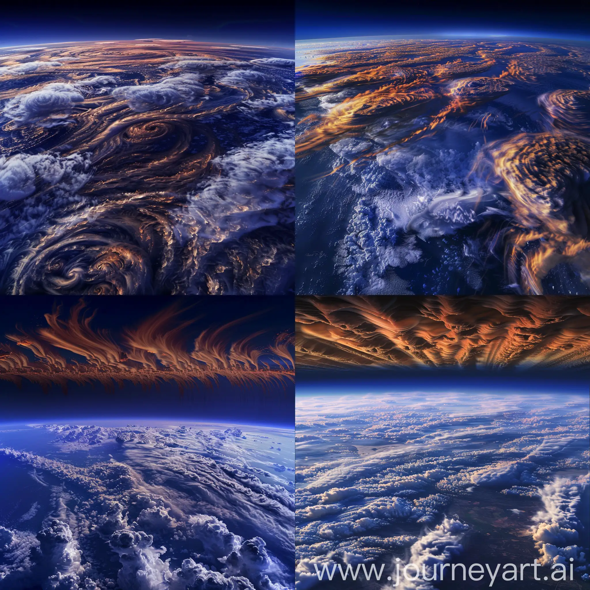 View from above. The sky is dark blue, almost purple. Clouds: brown, orange at the top, white and cream in the middle, blue and blue at the bottom. The upper clouds are striped and vortex, the middle ones are stratus and cirrus, the lower ones are cumulus and thunderstorms. Realistic. First-person view.