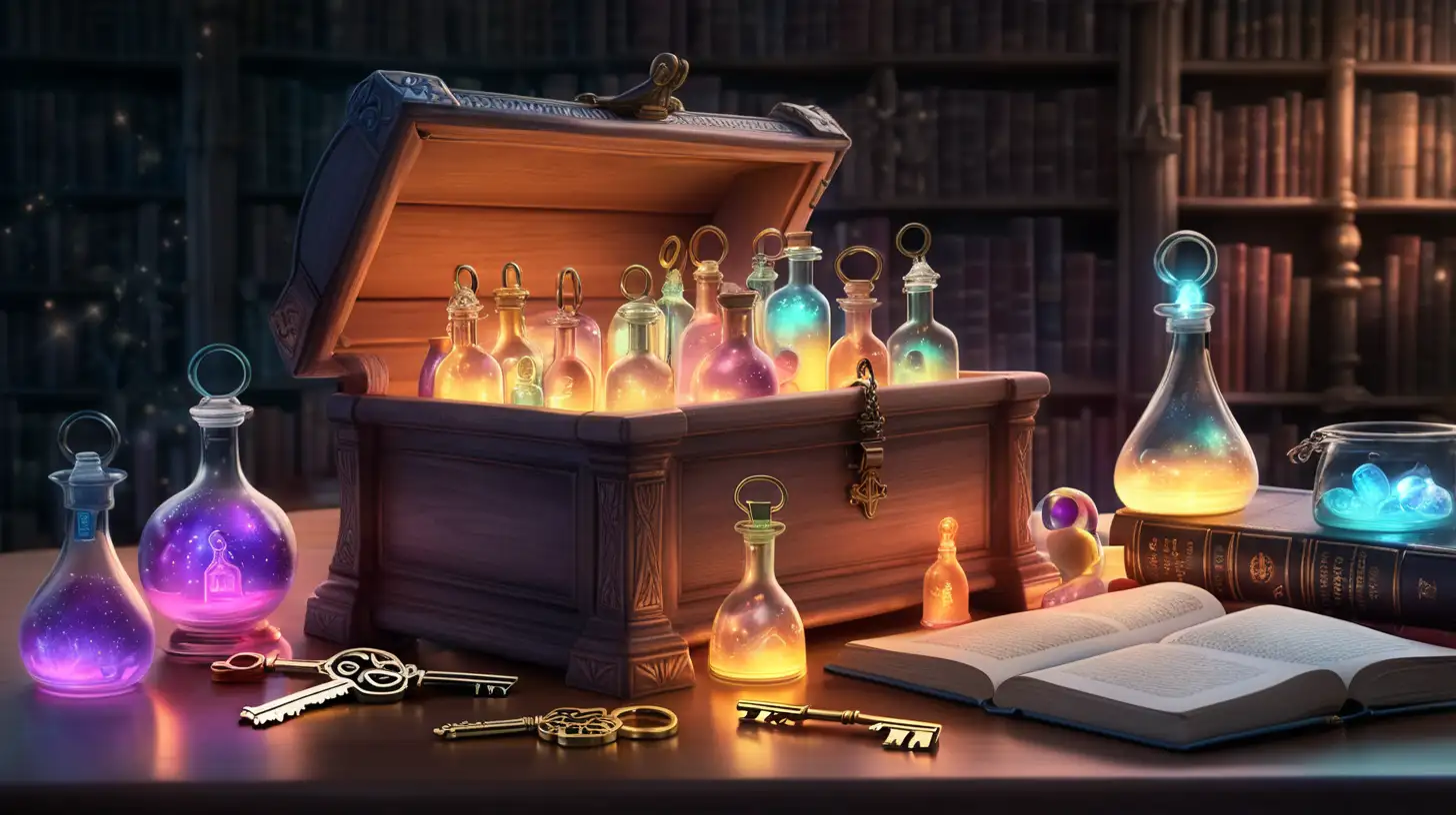 a box of glowing keys, fairytale, magical, library with glowing potions on table