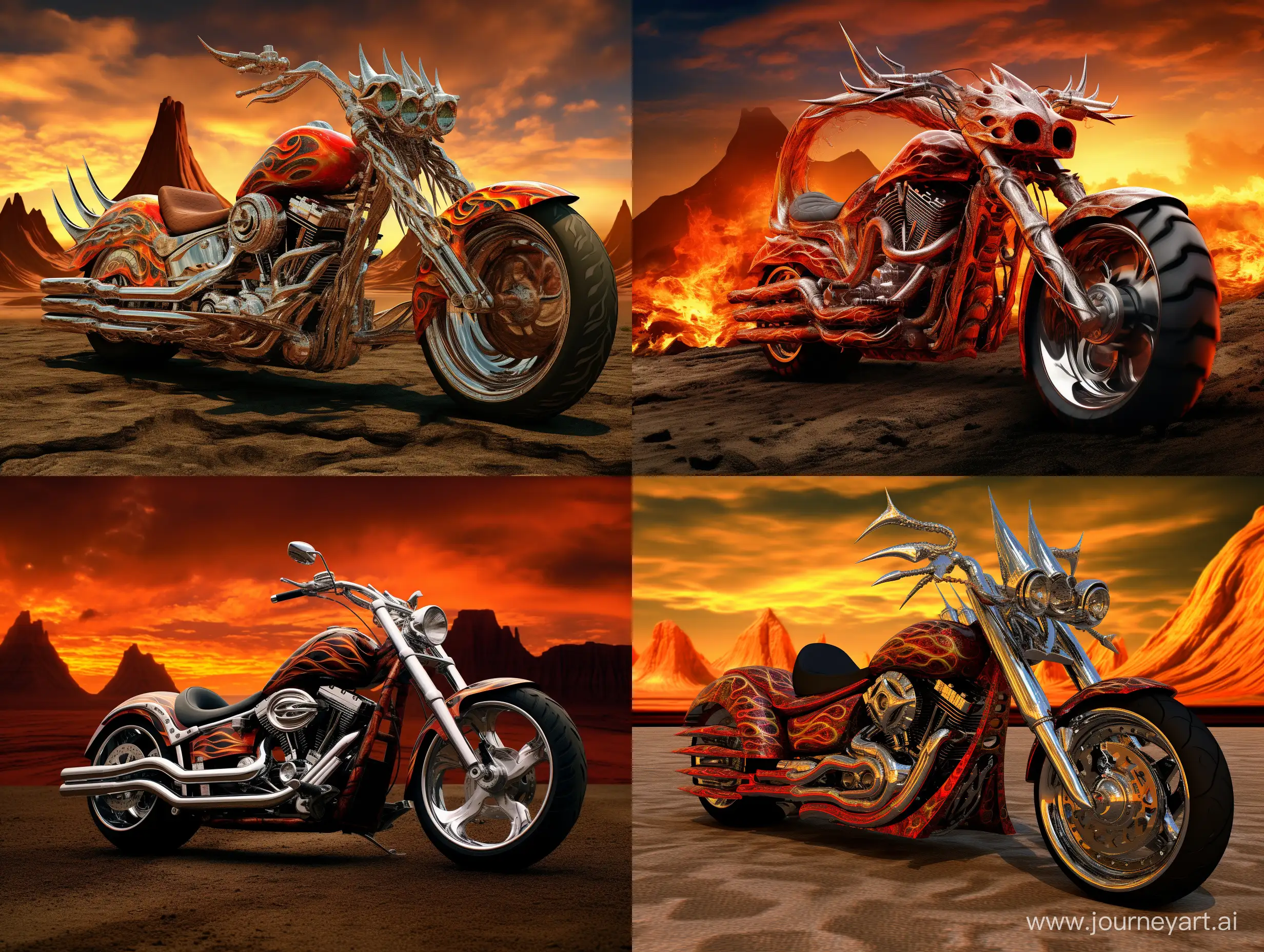 Chrome-LowRider-Devil-Motorcycle-Over-Fire-Ramp-in-Stormy-Desert