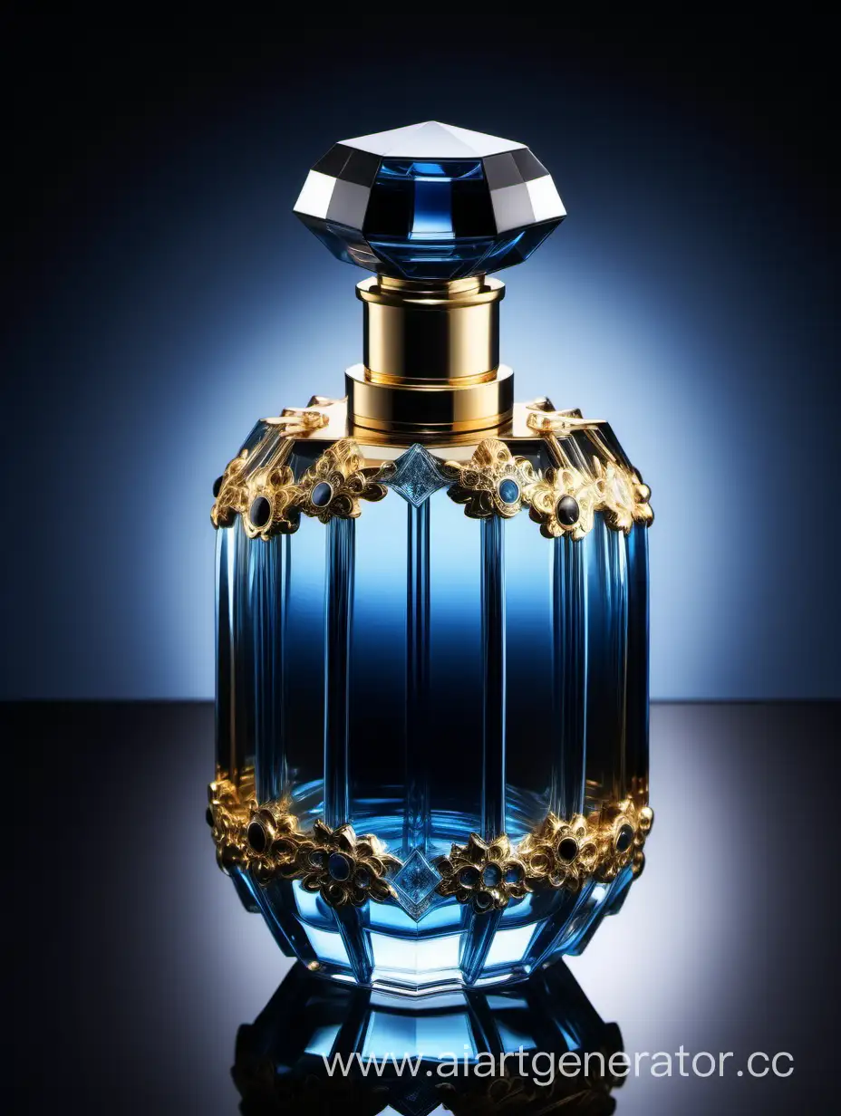 a crystal clear perfume bottle made of blue ,black and gold transparent
