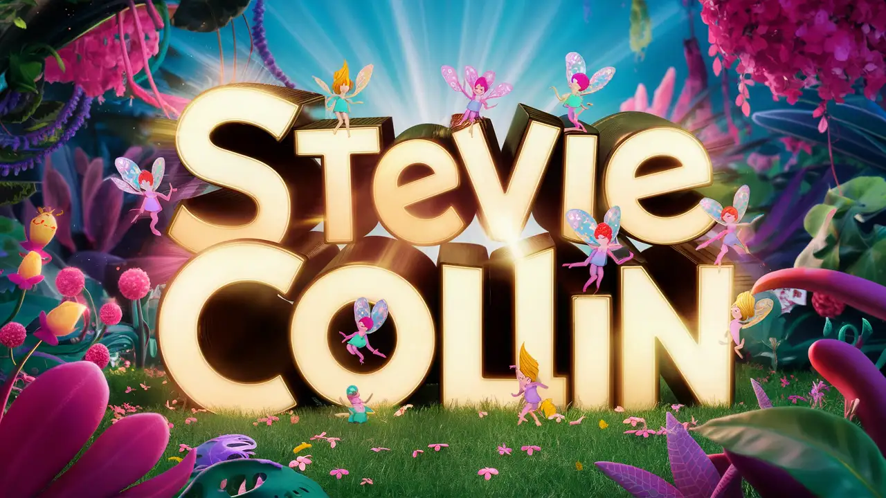 The name in 3d: "Stevie Collin” , whimsical fairy images surrounding the words, cartoon 3d render, cinematic, typography v0.2, illustration, cinematic, typography, 3d render “Stevie Collin” lots of fresh colours
