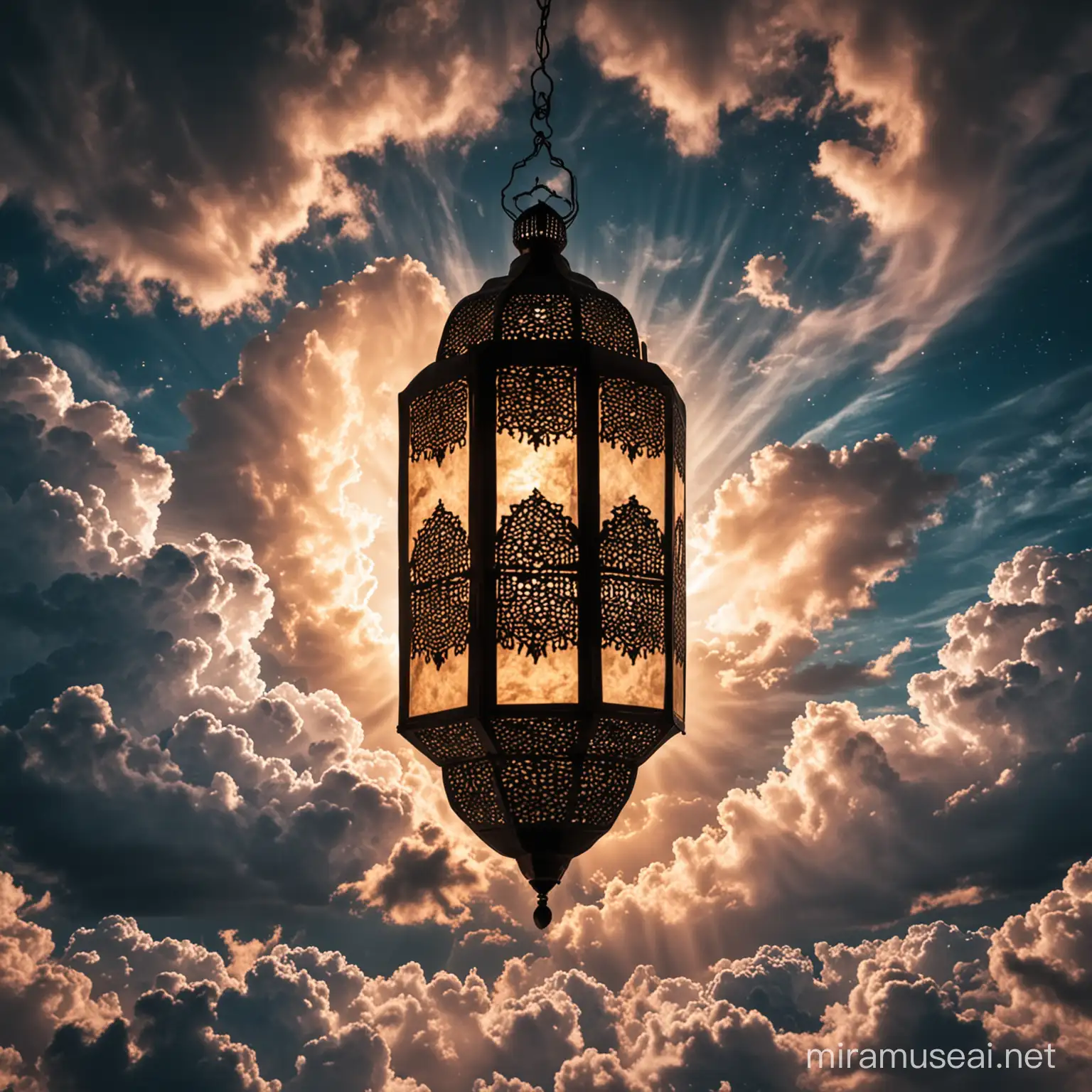 Divine Ramadan Mood with Islamic Lantern and Couple Shaped Clouds