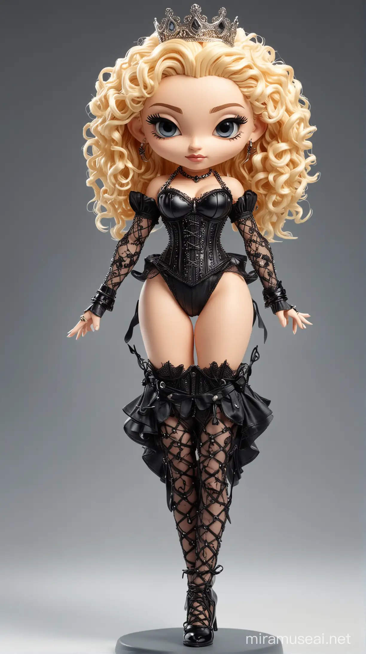 create a Chibi Nendotoid version of Madonna (singer and queen of pop) using a corset with a pointy bra from the 90s Designed by Jean paul Gaultier