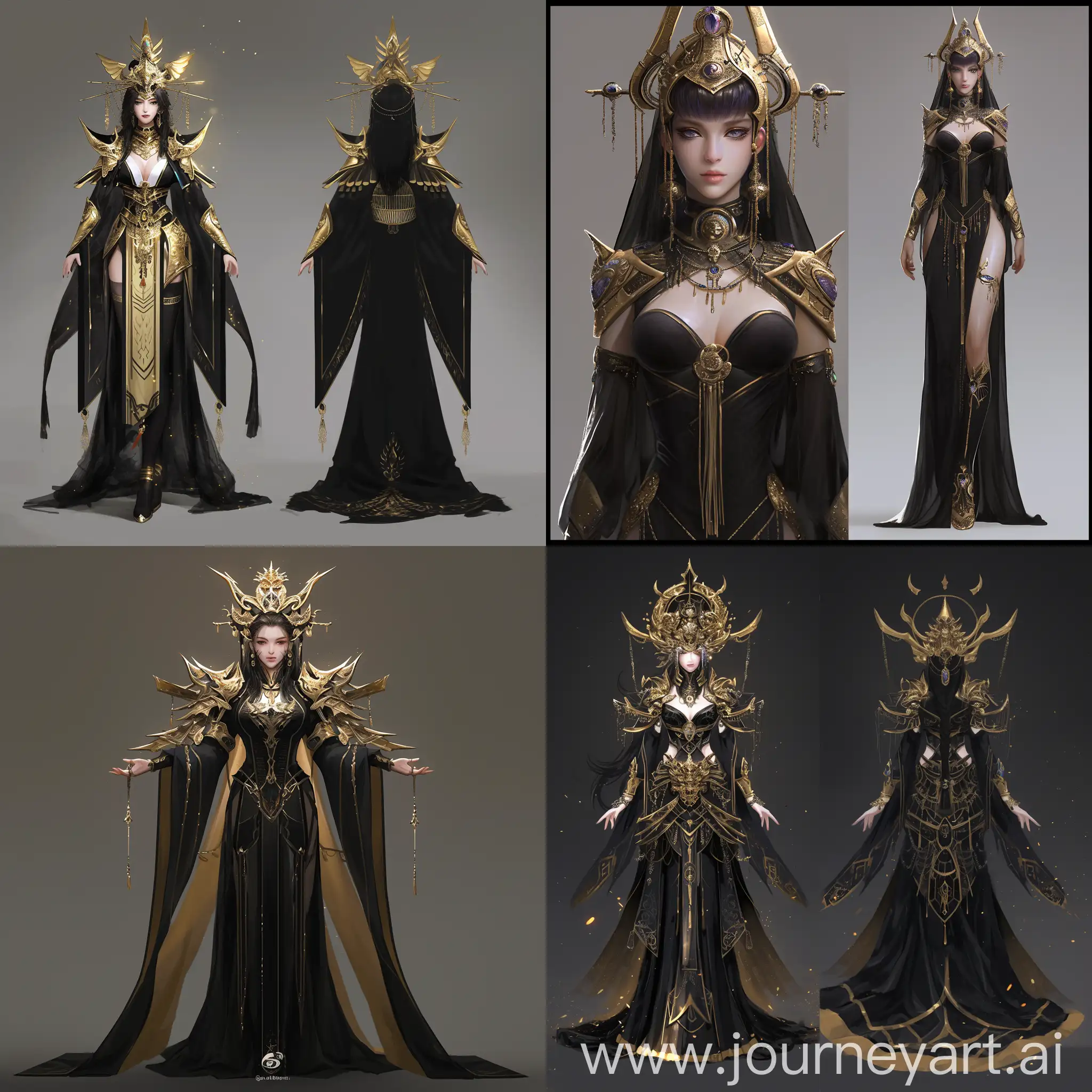 Chinese style cultivating immortals, 4K CG realistic style, Full body concept art of the Egyptian goddess Knight in black and gold, character design for a game, with a golden headdress and jewelry on her arms --niji 6
