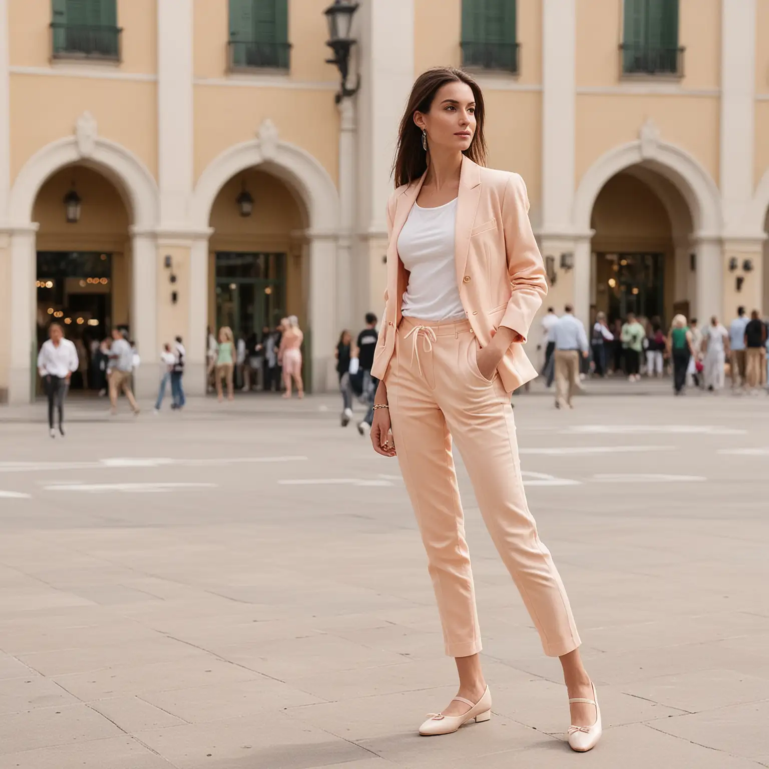 Stylish Woman Strolling Through Plaza in Peach Jacket and Cream Pants