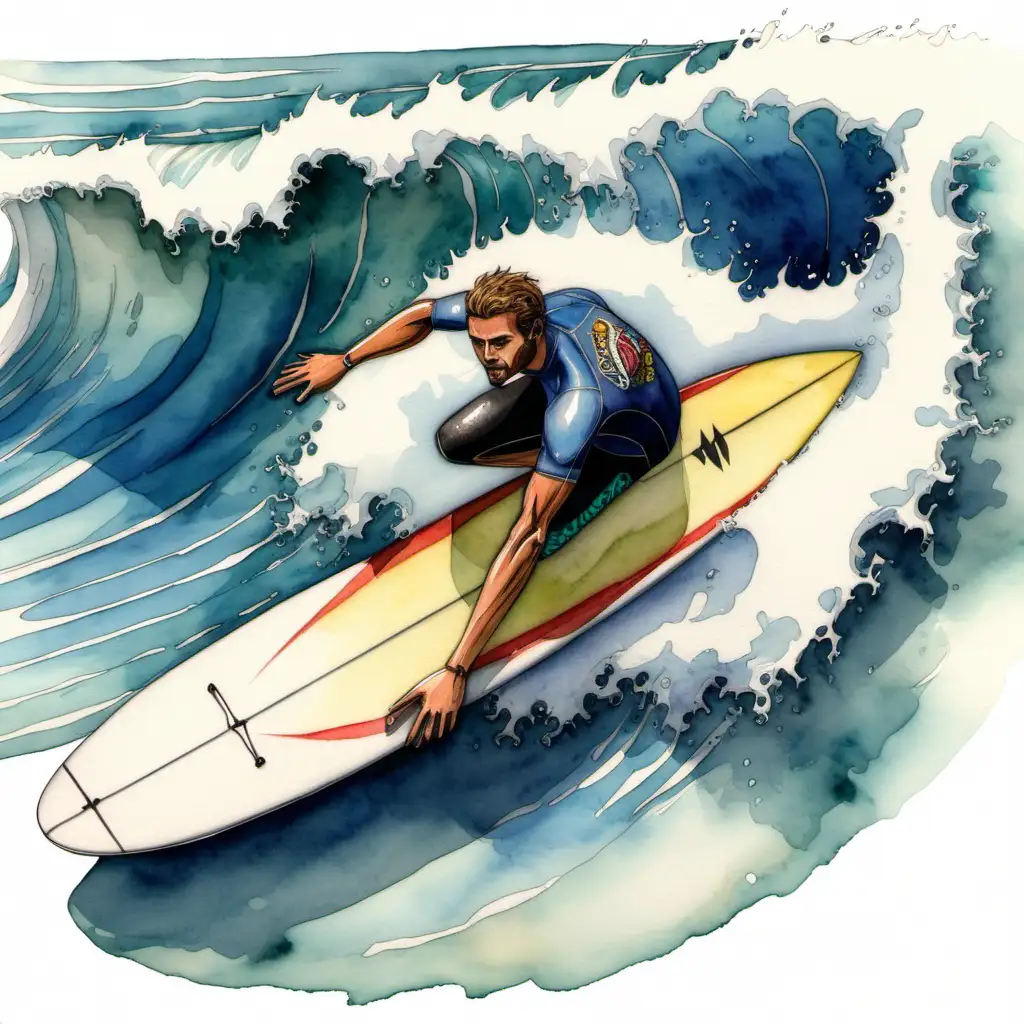 Top View Surfer Riding Waves with Watercolor Effect