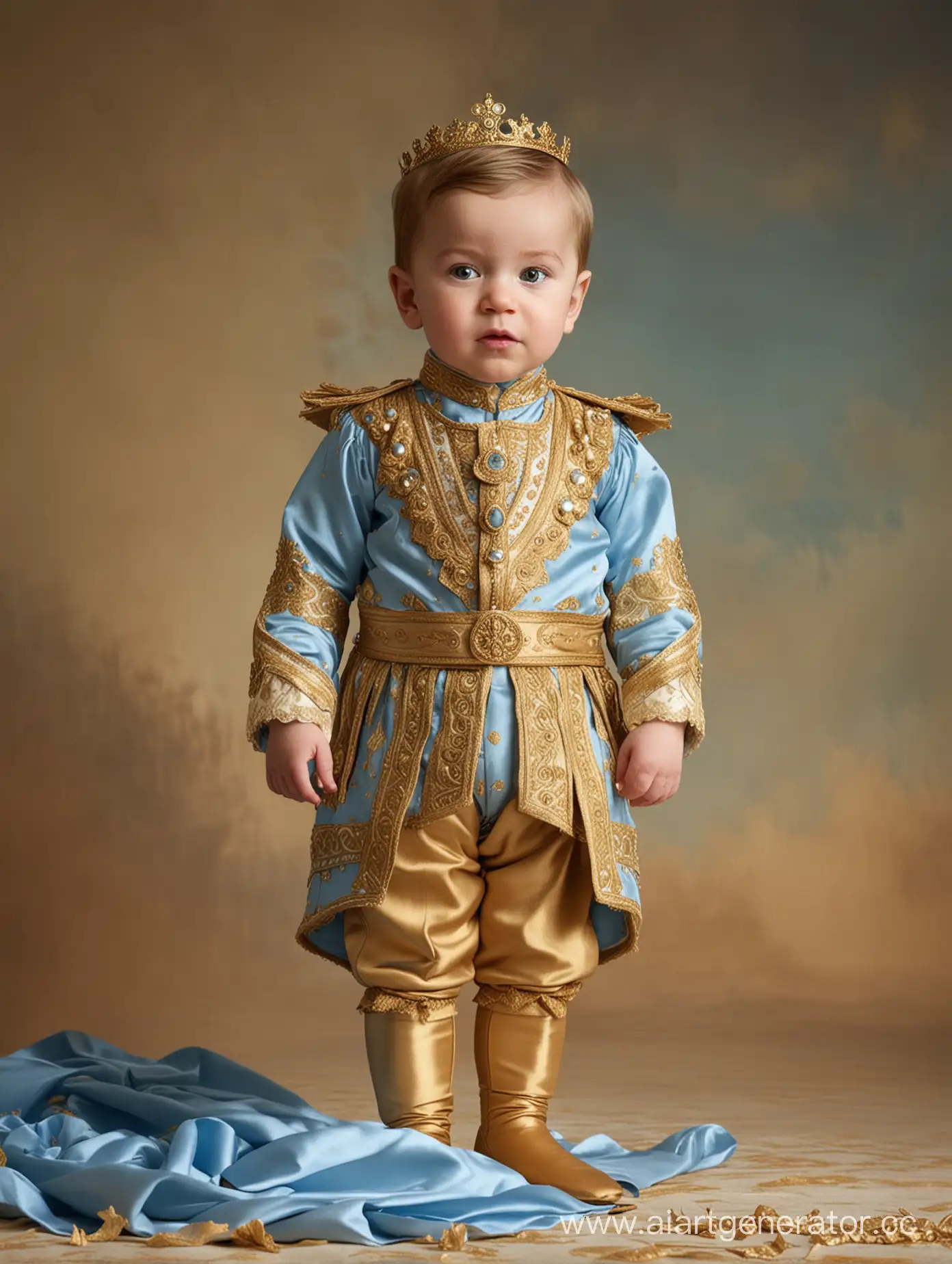 Regal-Infant-Prince-in-SkyBlueandGold-Costume-Against-Brown-Background