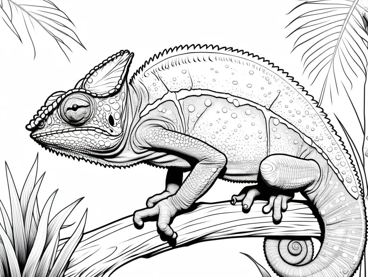coloring page for adults, African Chameleon, in Africa, clean outline, no shade