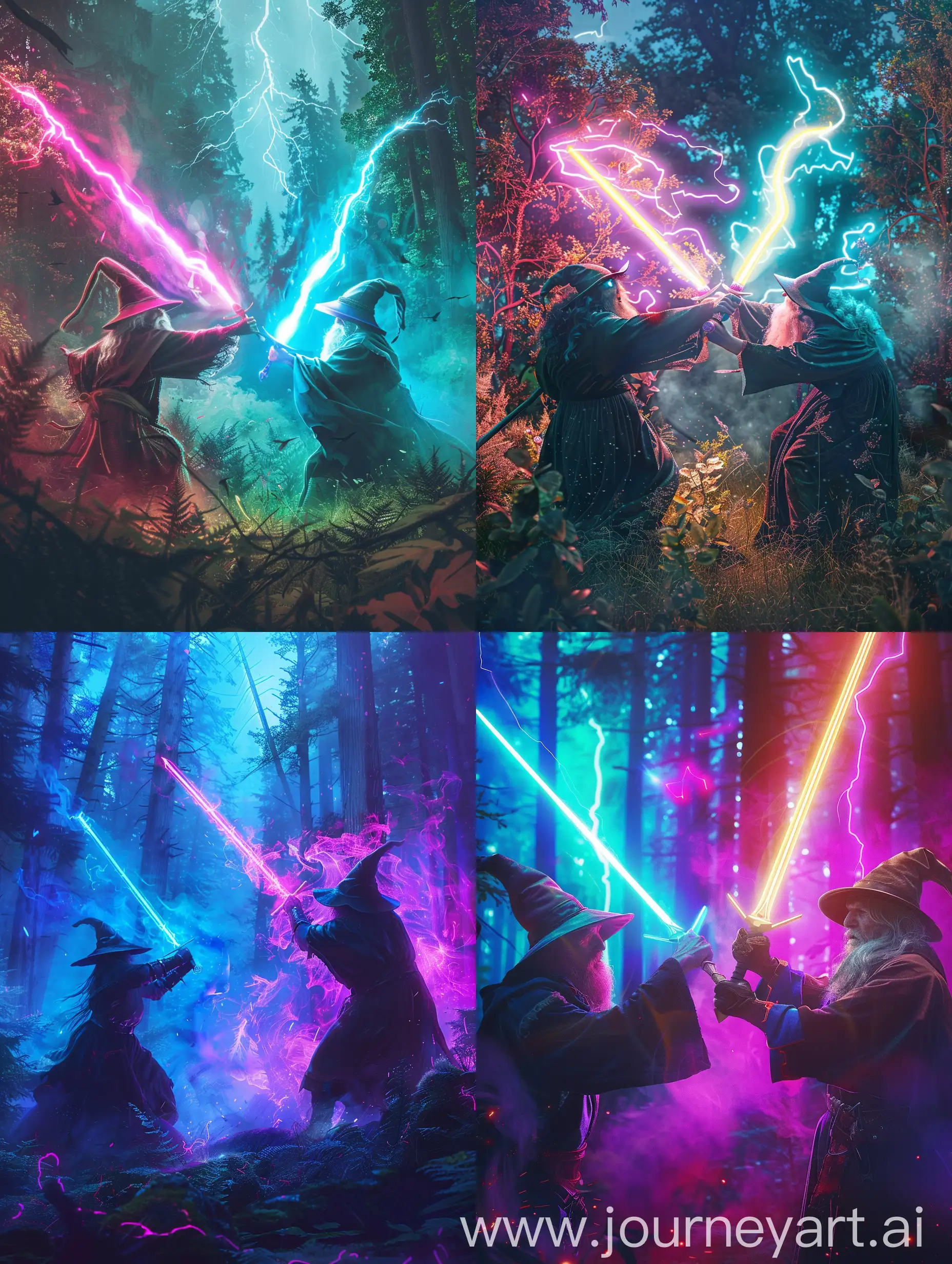 Two wizard fight, forest, neon light, magic anlimals