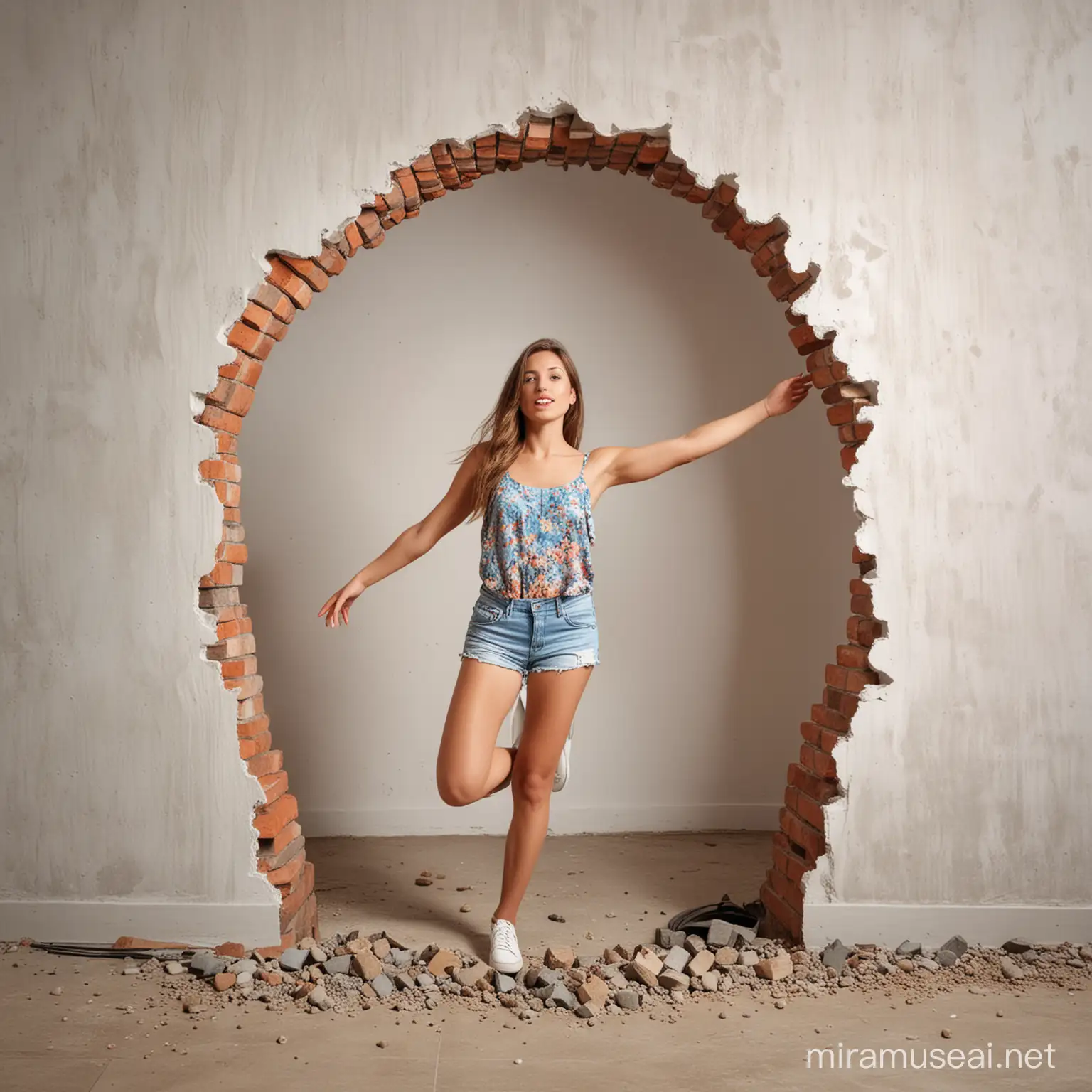 full-length woman  with  summer clothes passing through a hole in the wall