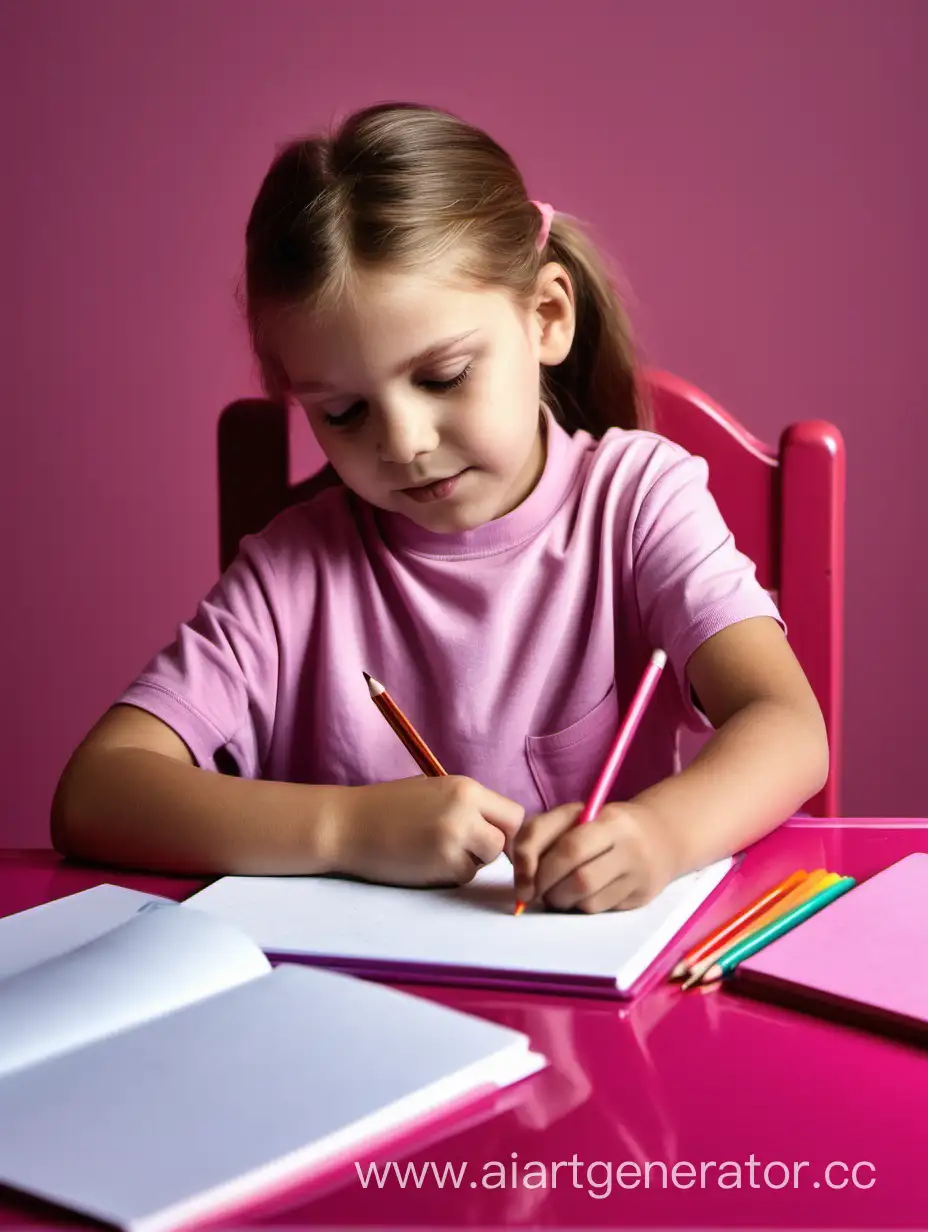 семилетний ребенок на розовом фоне сидит за столом и делает уроки, на столе лежат карандаши и тетради