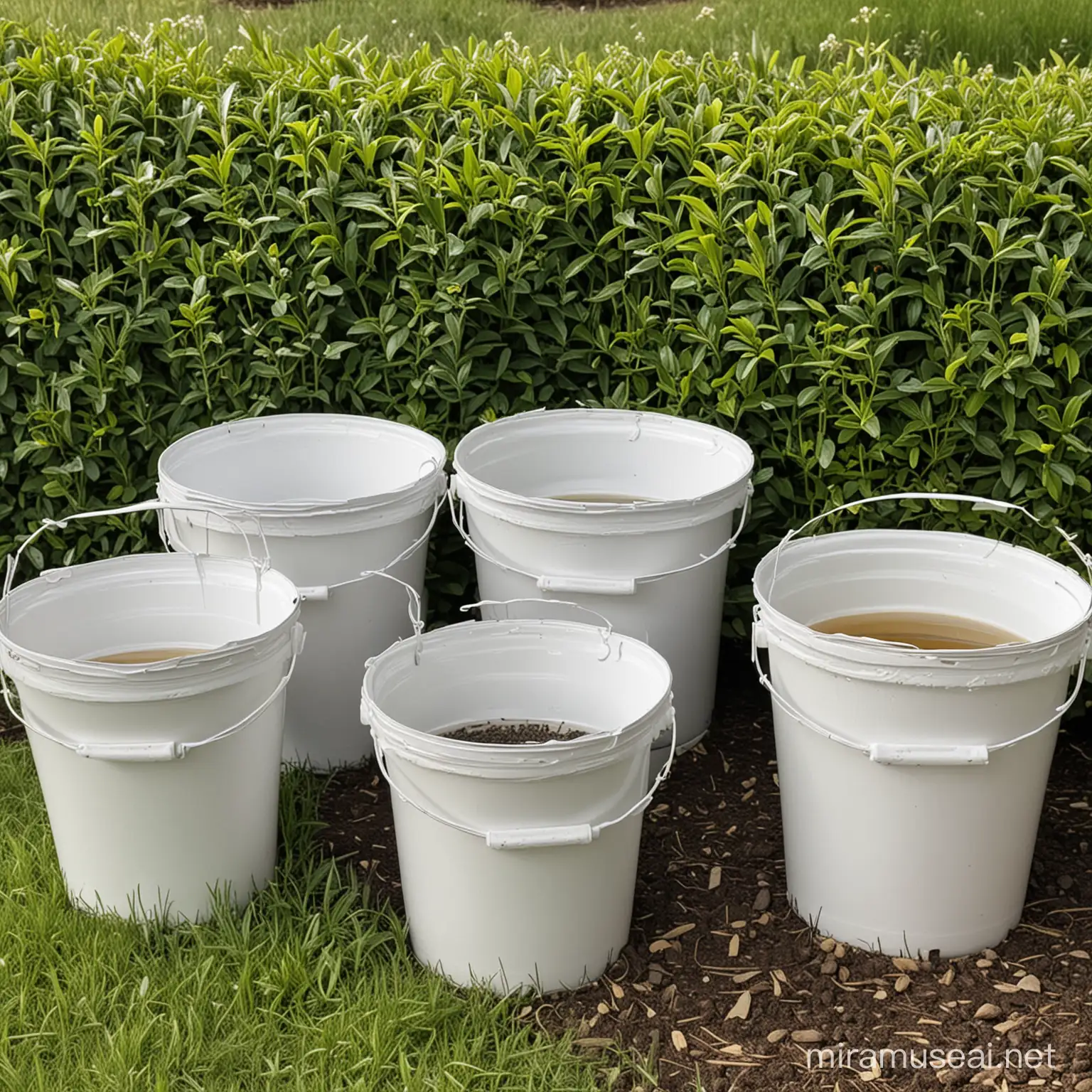 5 white buckets with lid filled with tea in back yard