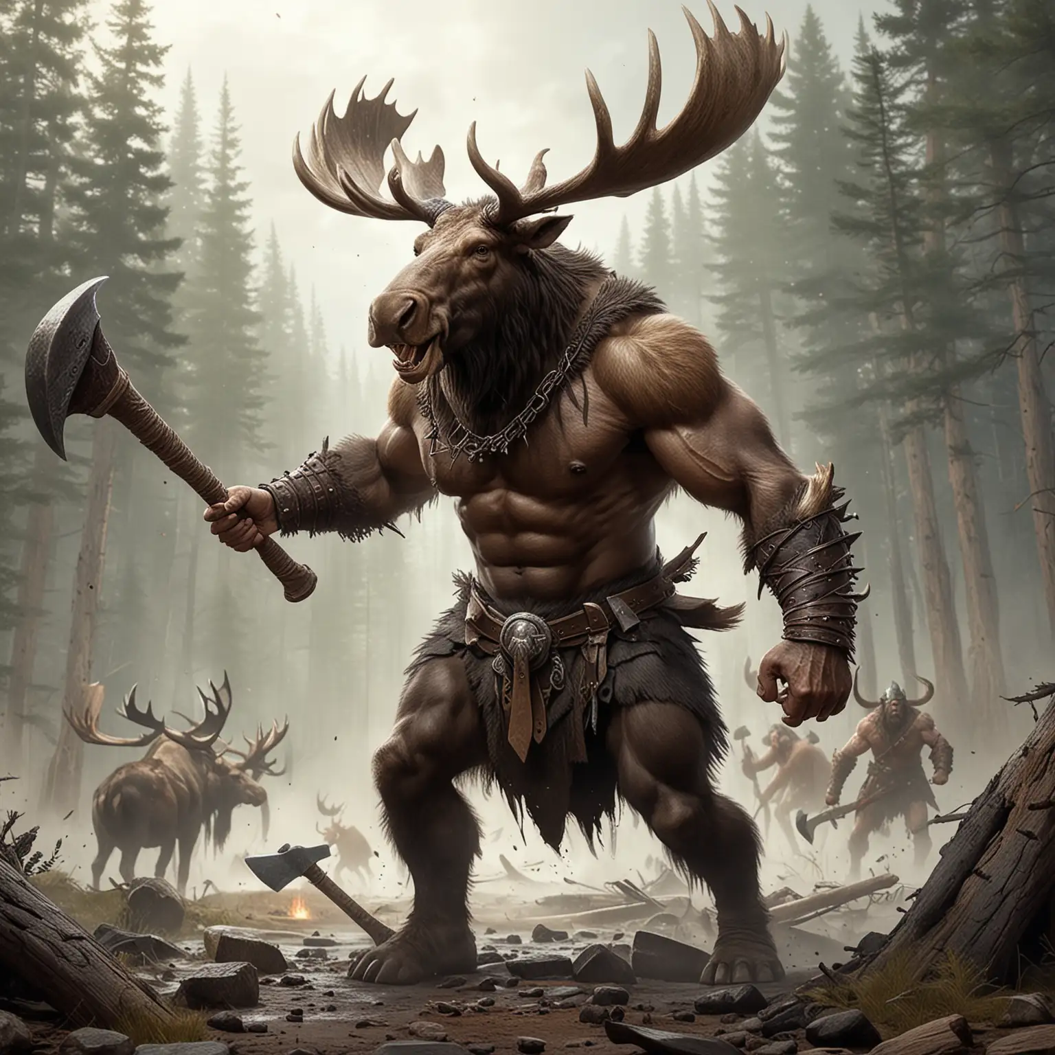 a barbarian moose with a human body swinging an axe on a fantasy battlefield