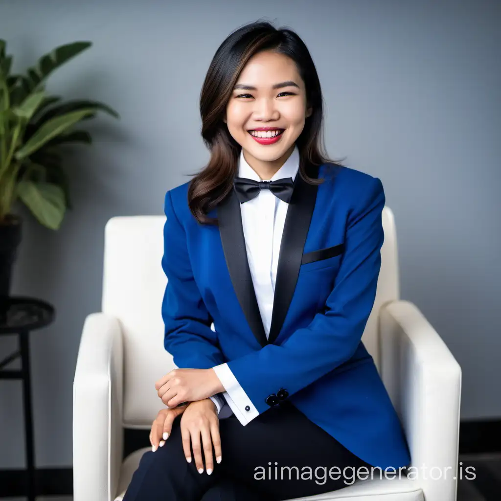portrait of a sophisticated and confident Vietnamese woman with shoulder length hair and lipstick wearing a cobalt blue tuxedo with a white shirt with cufflinks and a black bow tie, (black pants), folding her arms, laughing and smiling. She is sitting in her chair, reaching her right arm toward you.