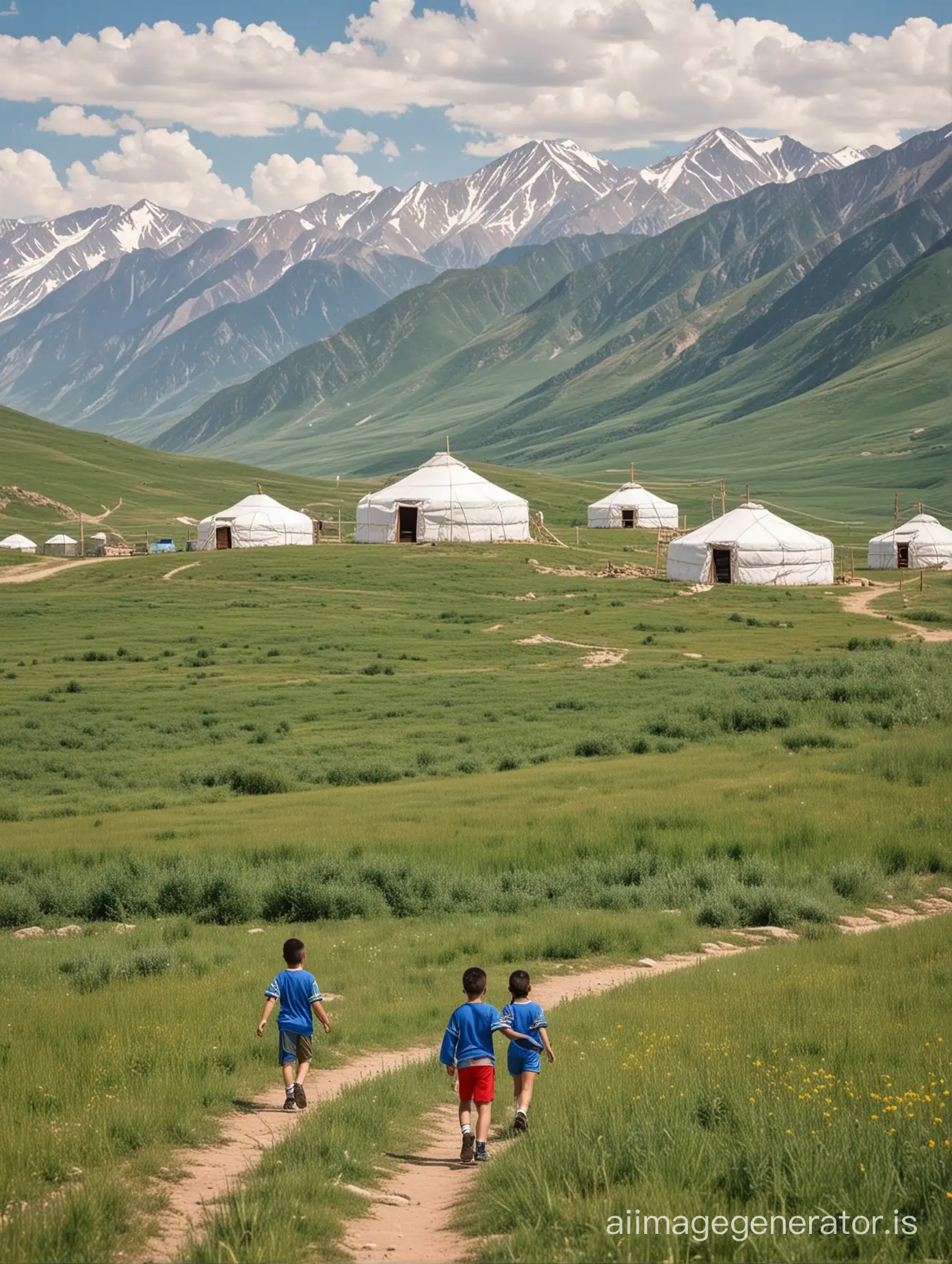 Big white yurts in the distance. Mountains. Summer. Happy Kazakh children in sports uniforms play ball.