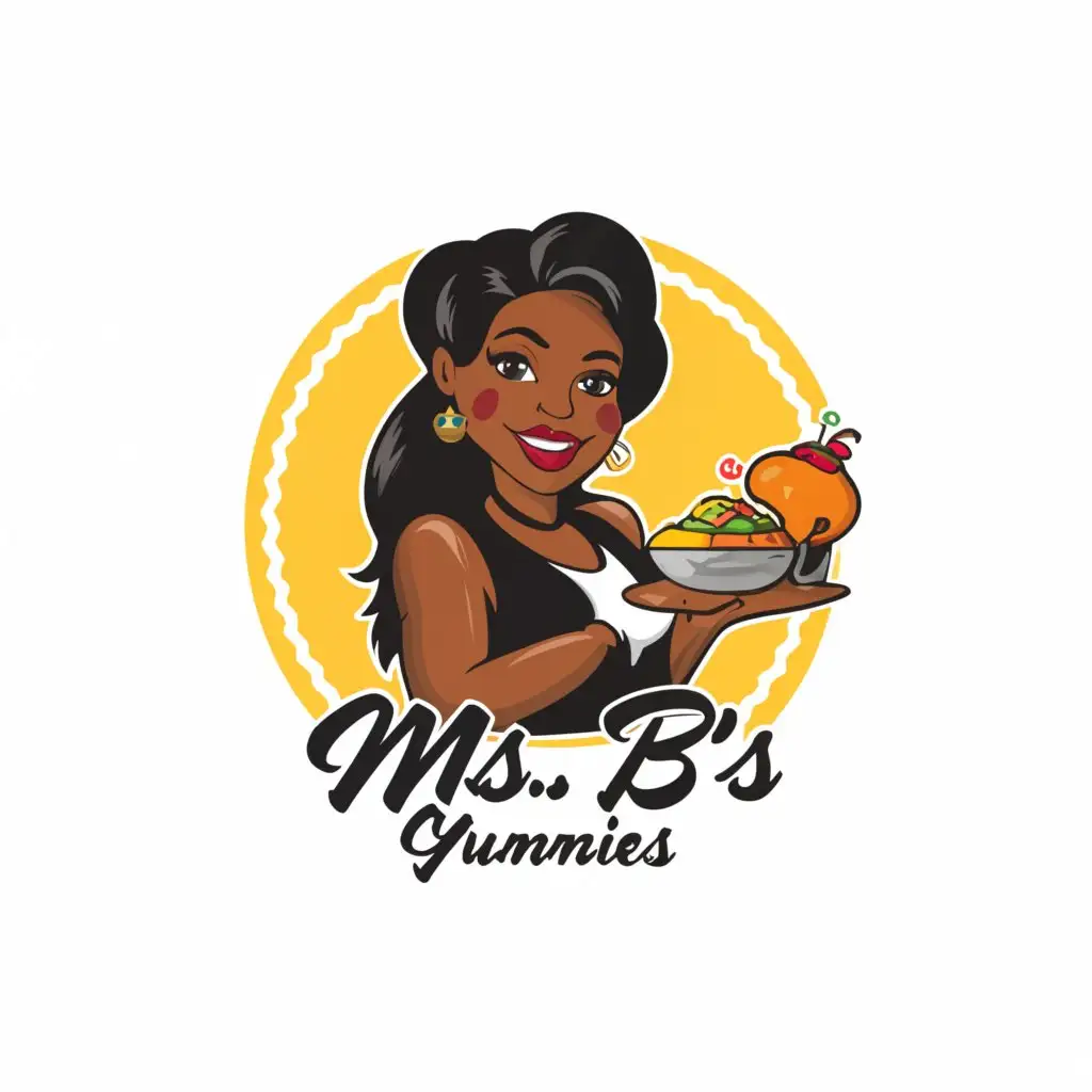 a logo design,with the text "Ms.B's Yummies", main symbol:Black lady cartoon  holding food plate,Moderate,clear background