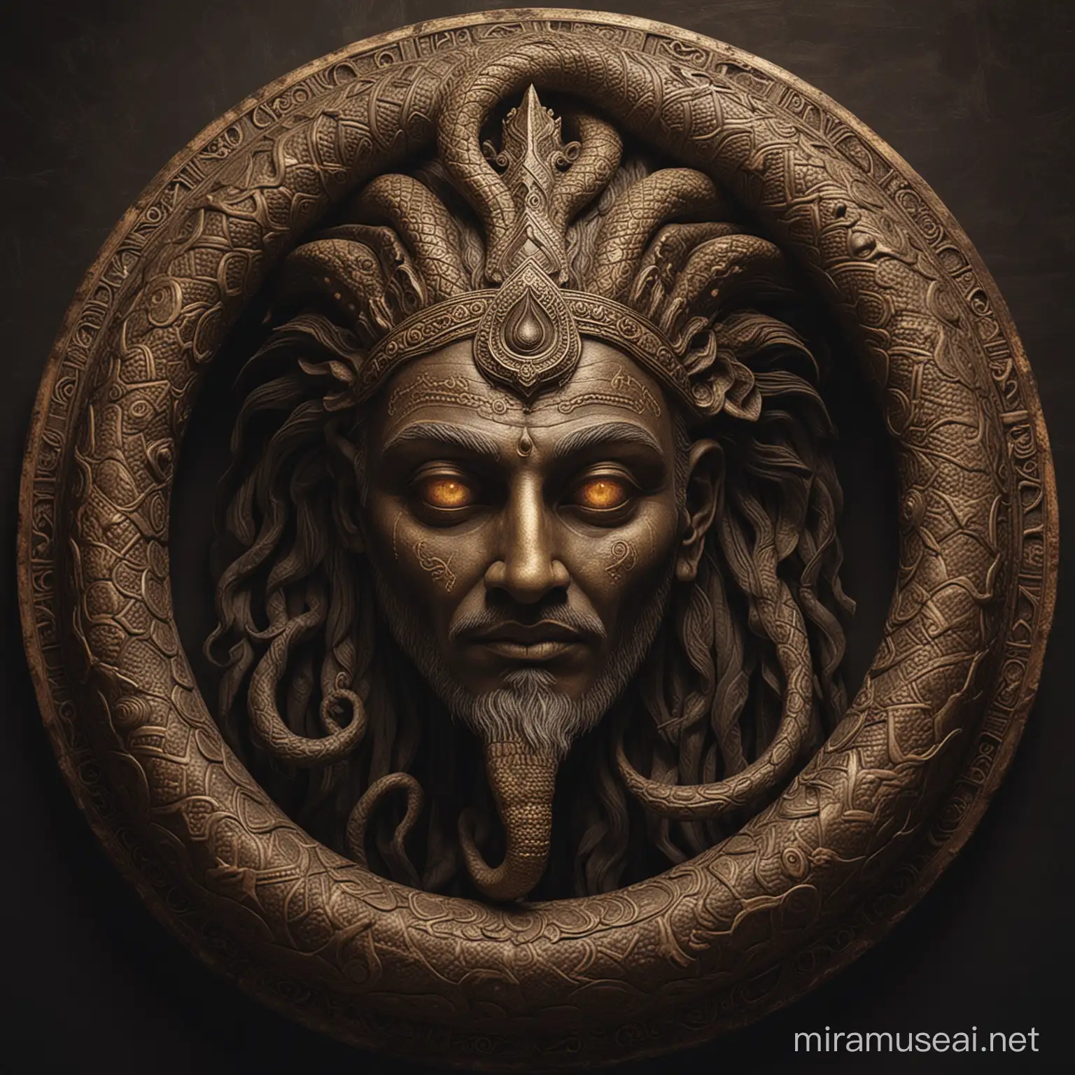 Rahu: A shadowy figure shrouded in mystery, depicted with a serpent's body and a human head. Its presence signifies illusions, desires, and worldly attachments in Vedic astrology.