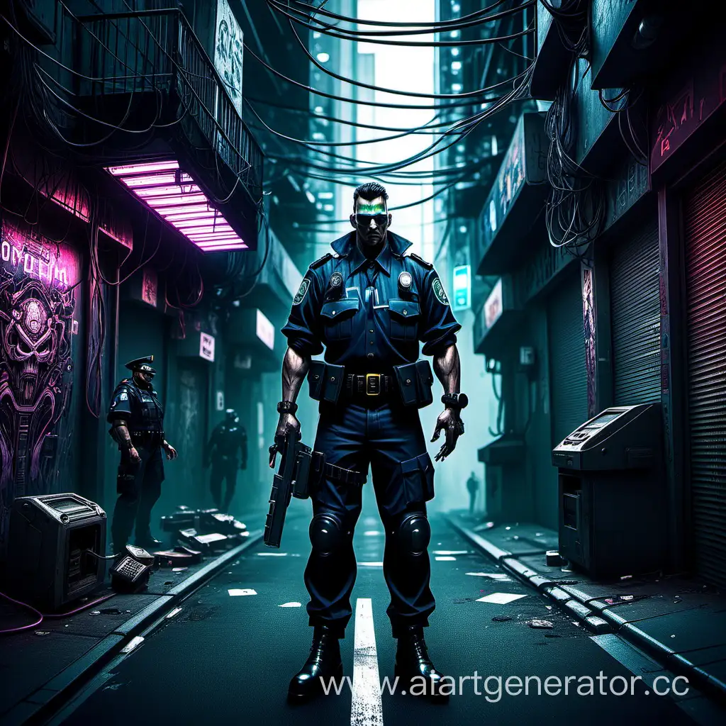 Cyberpunk-Scene-with-Male-Character-Confronting-Sinister-Robotic-Officer