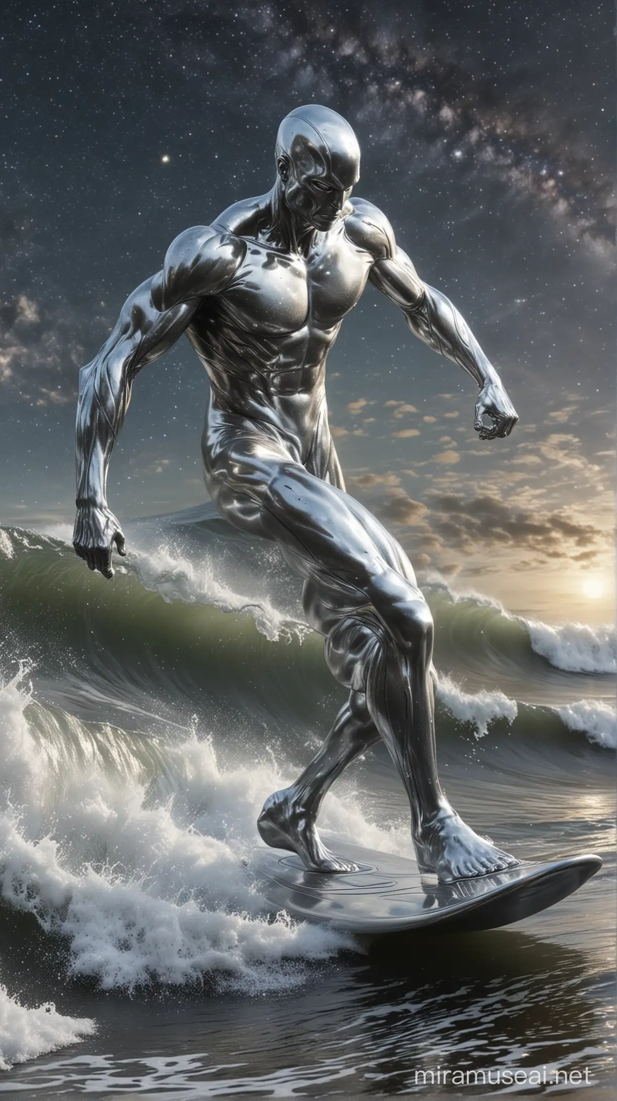 Silver Surfer Riding Cosmic Waves in UltraRealistic Full Body Portrait