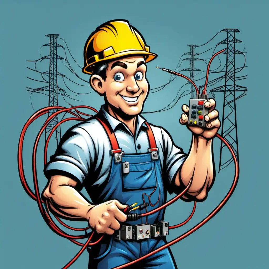 Expert Electrician with Cartoon Charm and Detailed Cable Work