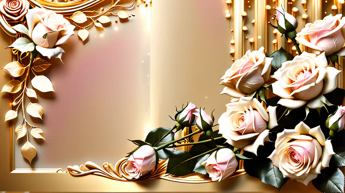 create an elegant background with cream colored roses as well as light pink flowers with gold light effects 