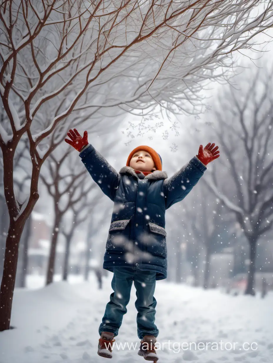 Create tree branches moving from the wind, a child raising and lowering his hands, falling snow