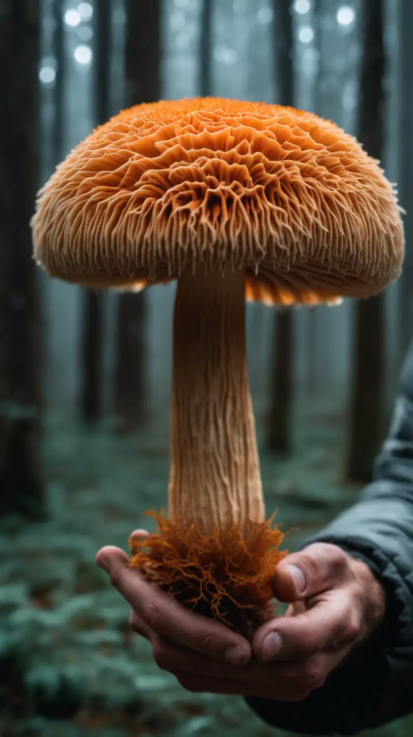 Man holding lionsmane mushroom in a cool background