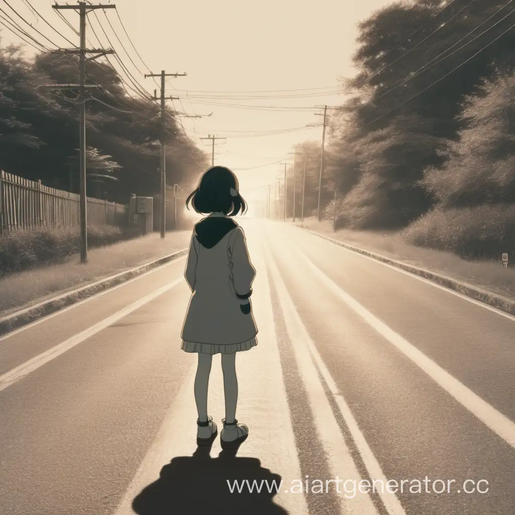 Угасающие воспоминания, аниме девочка отвернулась и стоит на дороге, стиль как у старых фотографий