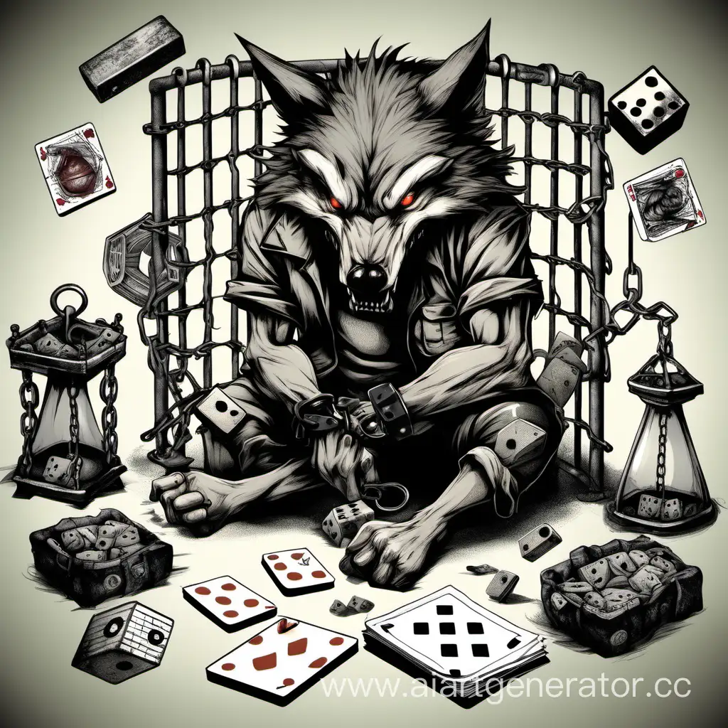 Тюремный бардак наручники, голова волка с оскалом, тюремная камера, песочные часы, колючая проволока, игральные кости, игральные карты