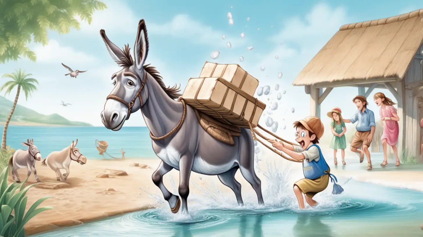 A donkey carrying a load of salt deliberately falls into the water to reduce the weight of the load.

The donkey's owner is startled and pulls the donkey out of the water.

soft fairy tale illustrations