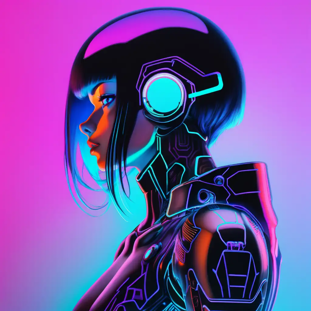 futuristic cyberpunk female with neon colors-- ghost in the shell style--sihouette