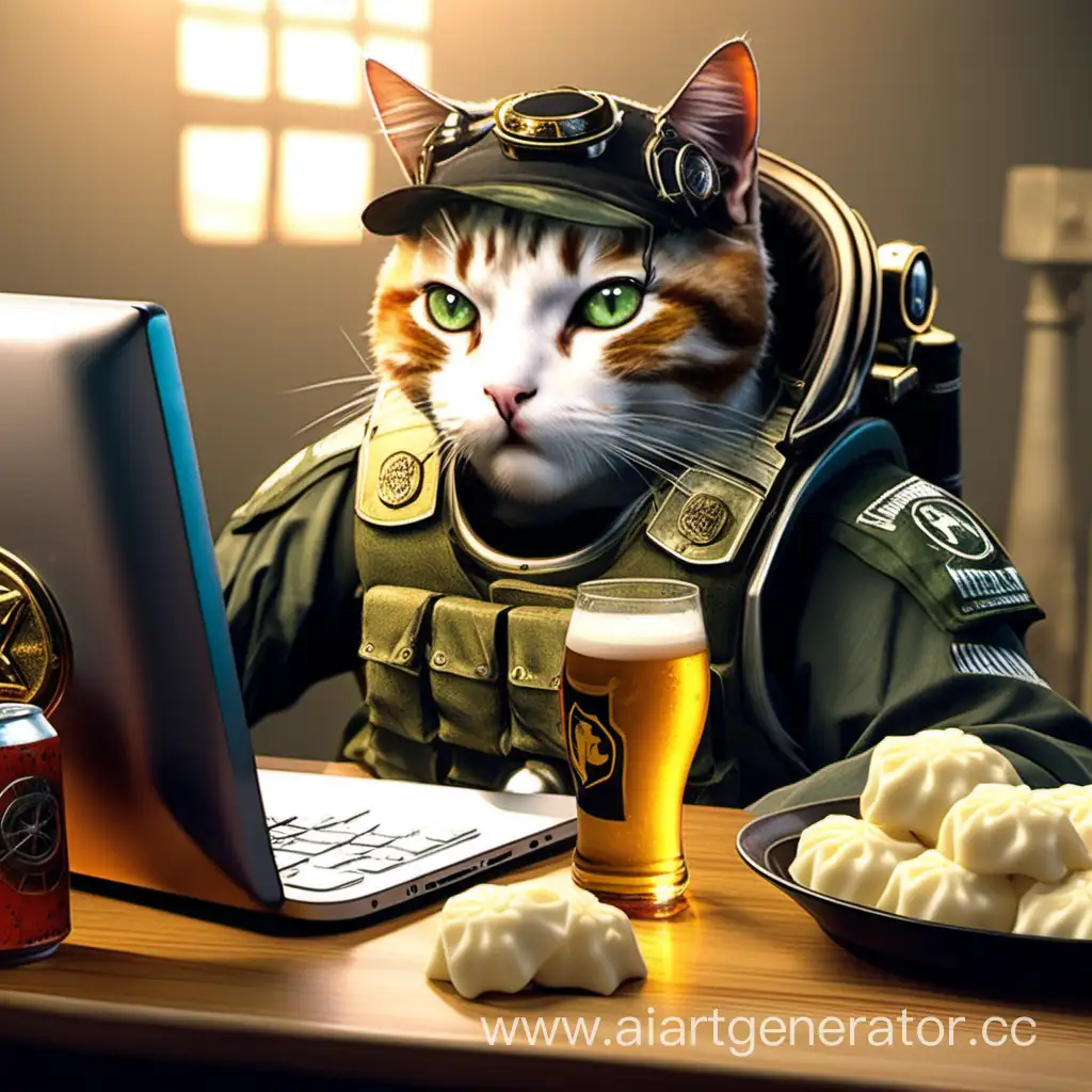 The cat scuf plays World of Tanks on the computer with beer and dumplings