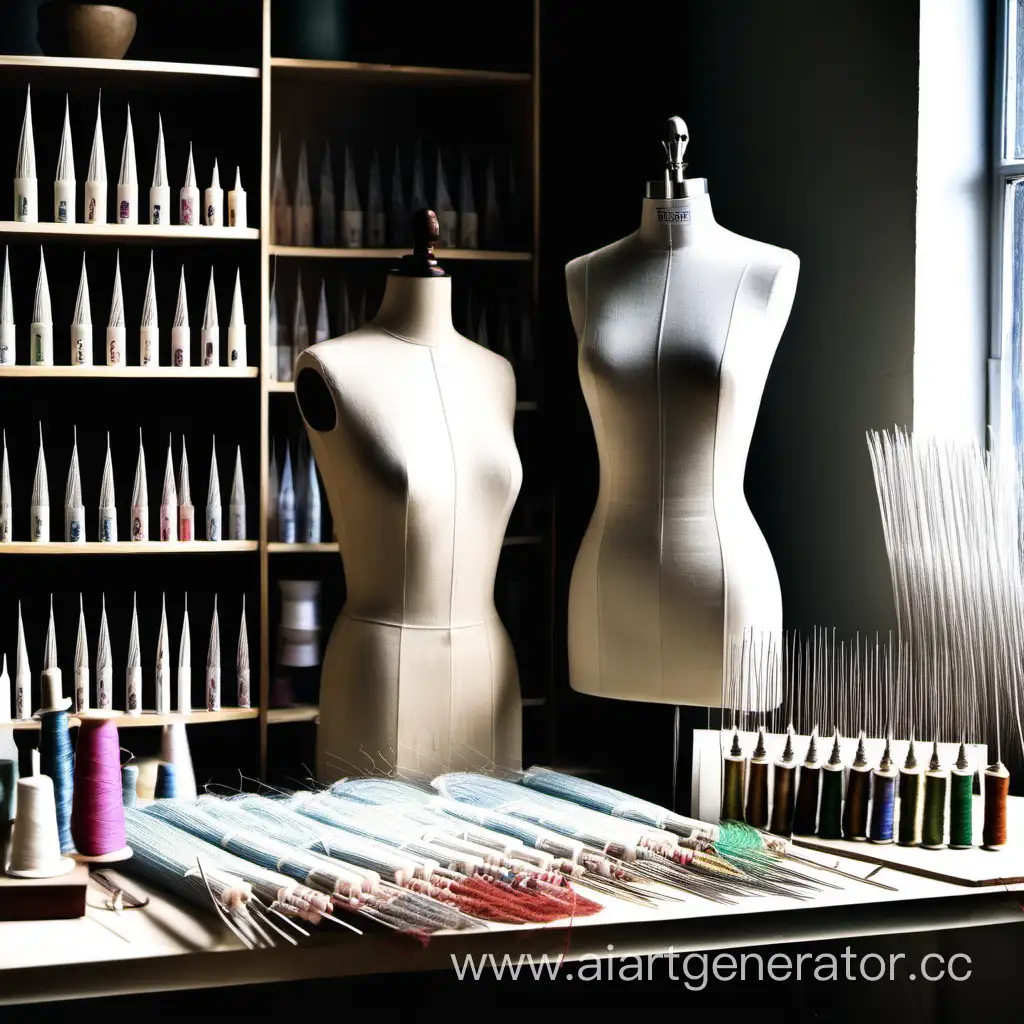 Atelier with mannequin needles threads