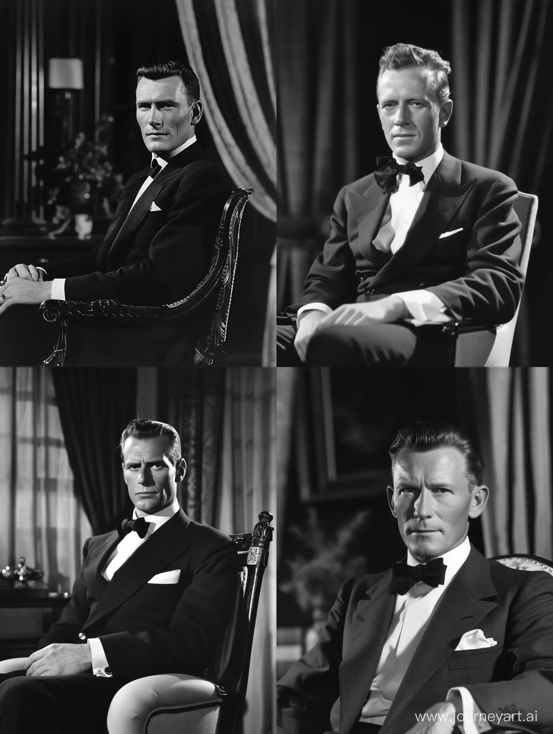 A 50-year-old man, tall man, former military, short hair, sitting in a chair, facing the camera, wearing formal attire, black and white photo from the 1950s. 