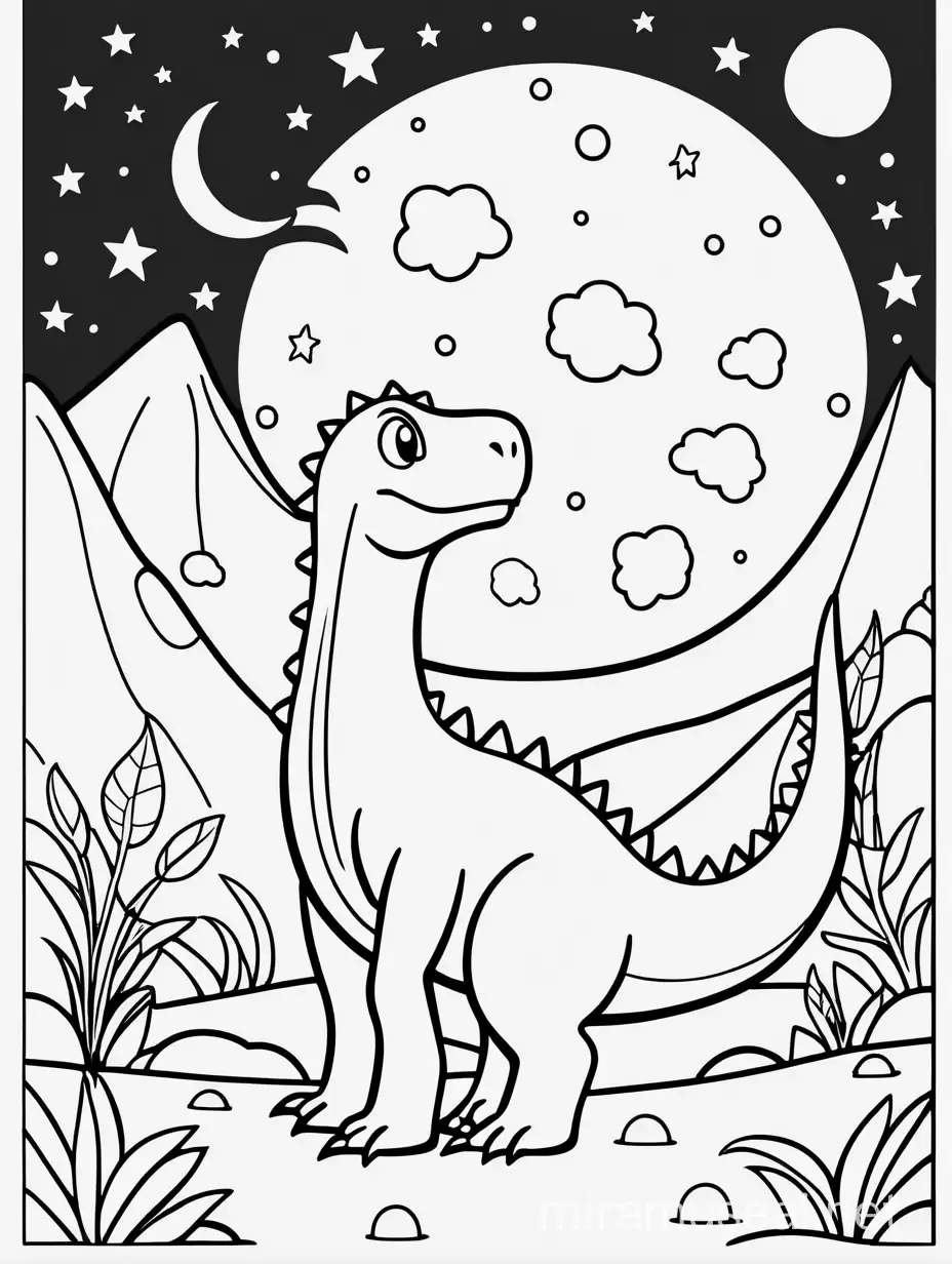 Simple black line cute dinosaur in the moon Black and white full page coloring page for kids, cute, full page, no borders, simple, shapes with black lines, printable outlined art, thin lines, no shades, crisp lines --style 4b --v4-, white background