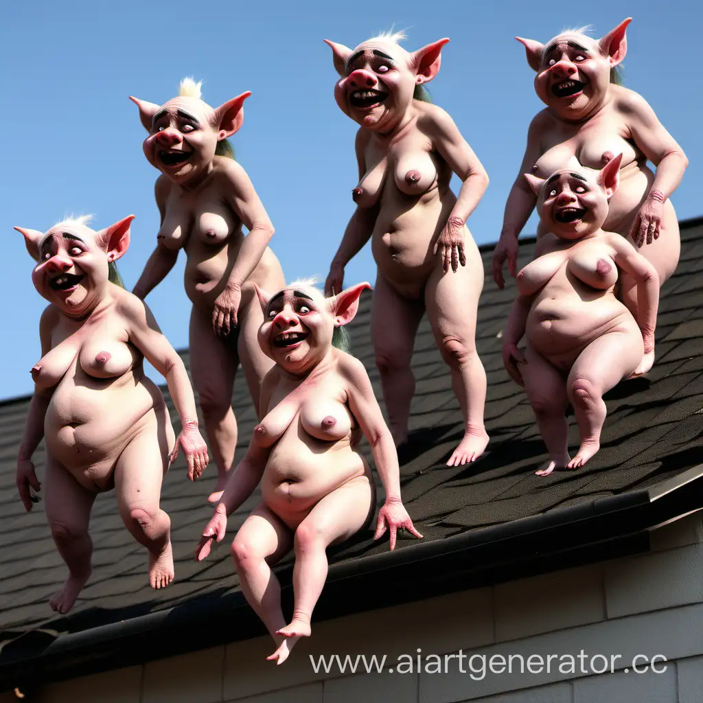 Обвисшие голые уродливые тролли падают с крыши со свиньями 
